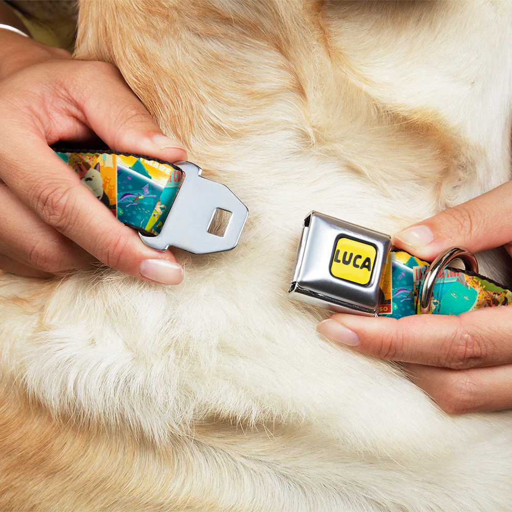 LUCA Logo Full Color Yellow/Black Seatbelt Buckle Collar - Luca The Piazza Poster Collage Stacked - Image 8