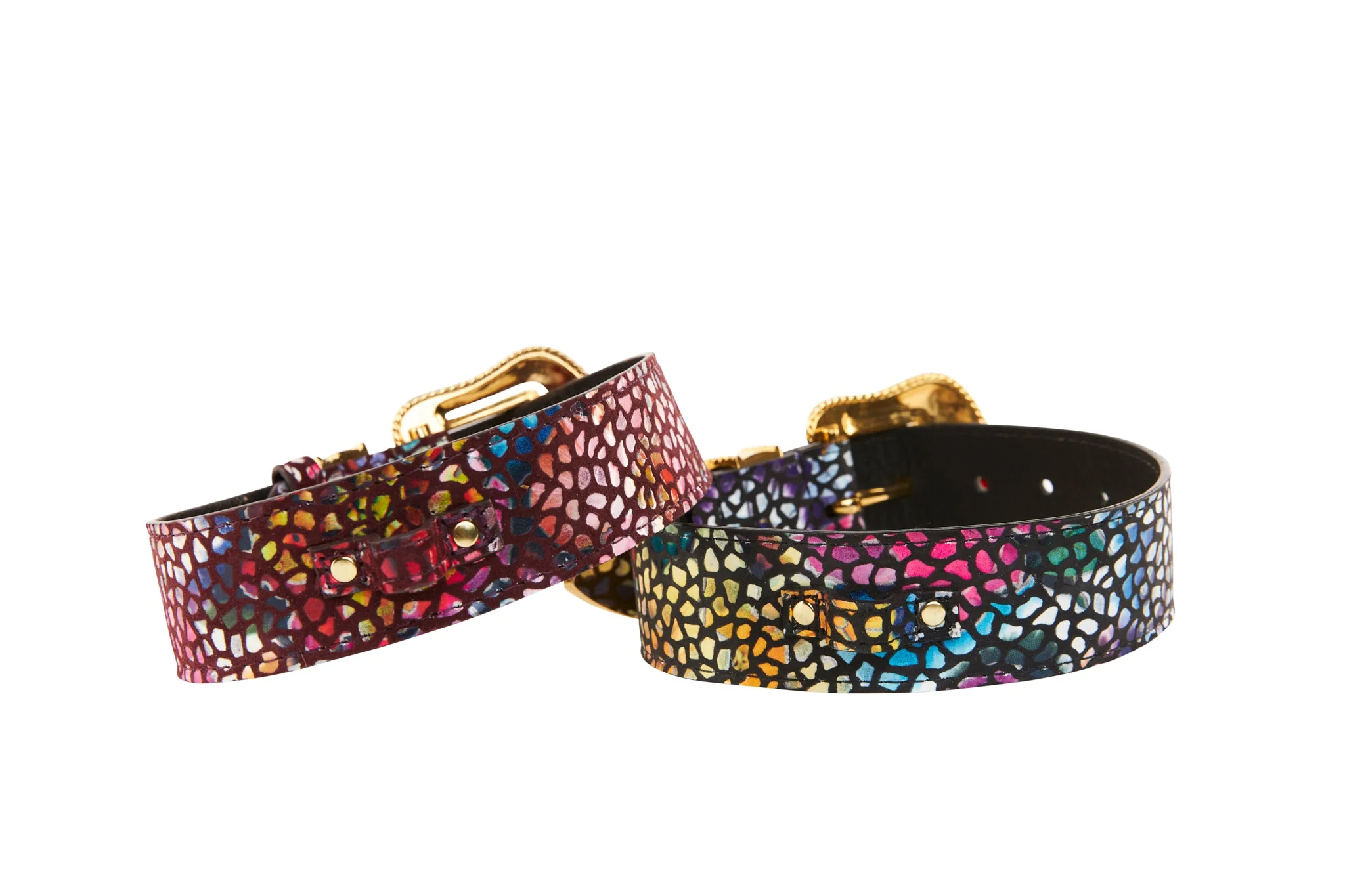 Luxury Pet Fashion Burgundy Floral Mosaic & Black Floral Mosaic Italian Leather With Silver Swarovski Crystal Hardware Collars - Image 2