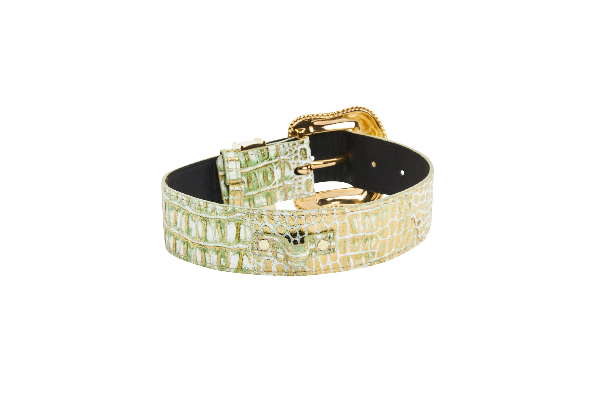 Luxury Pet Fashion Green/Gold Embossed Croc Italian Leather/Swarovski Crystal Collar - Image 2