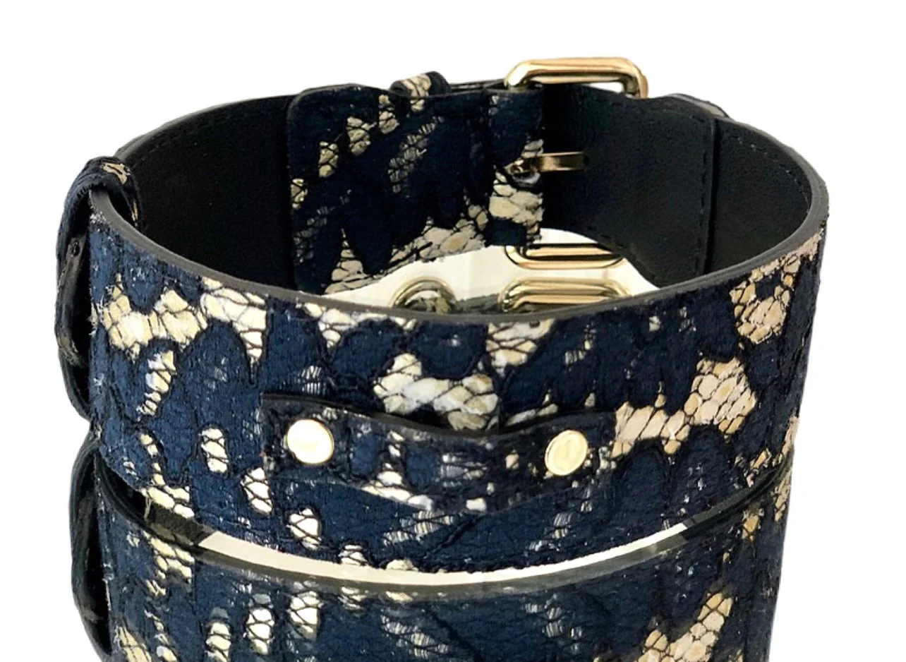 Luxury Pet Fashion Navy Lace Over Leather Collar - Image 2