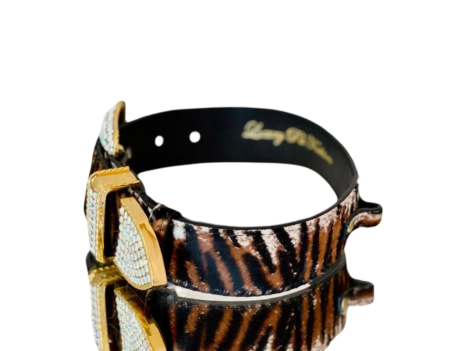 Luxury Pet Fashion Tiger Print Hair On Hide Italian Leather Collar With Swarovski Crystal Hardware - Image 2