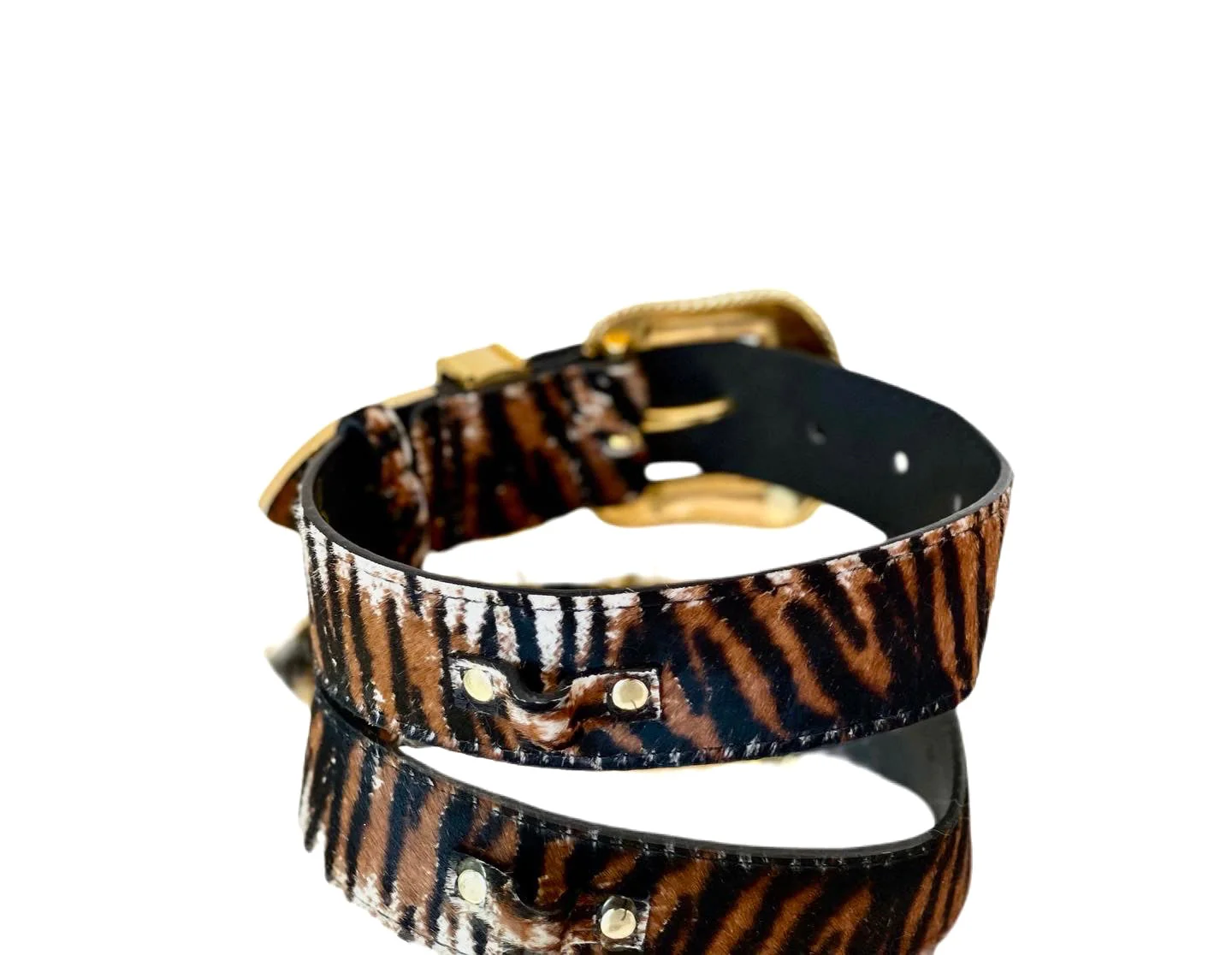 Luxury Pet Fashion Tiger Print Hair On Hide Italian Leather Collar With Swarovski Crystal Hardware - Image 3