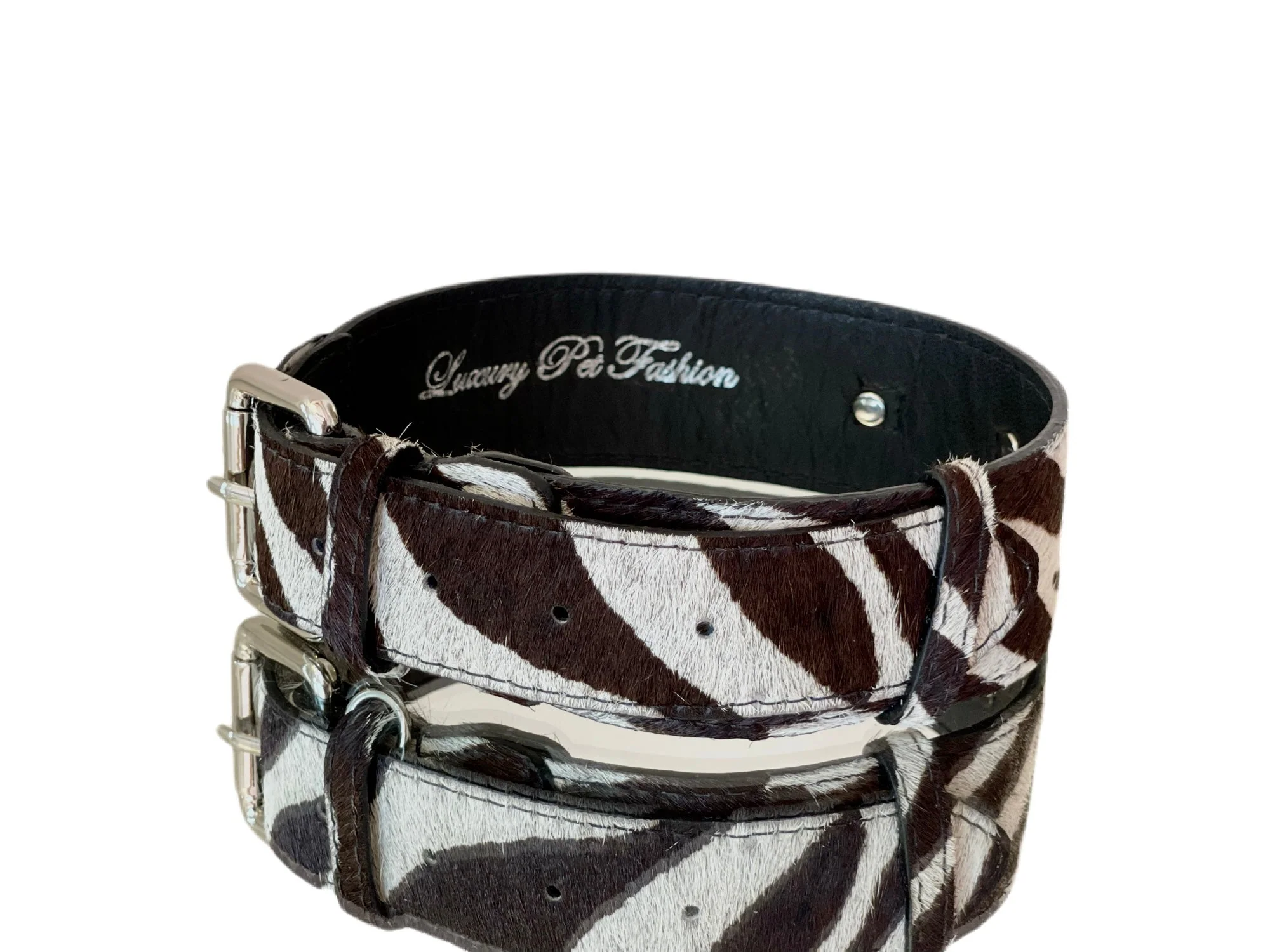 Luxury Pet Fashion Zebra Print Hair On Hide Italian Leather Collar With Classic Hardware - Image 2