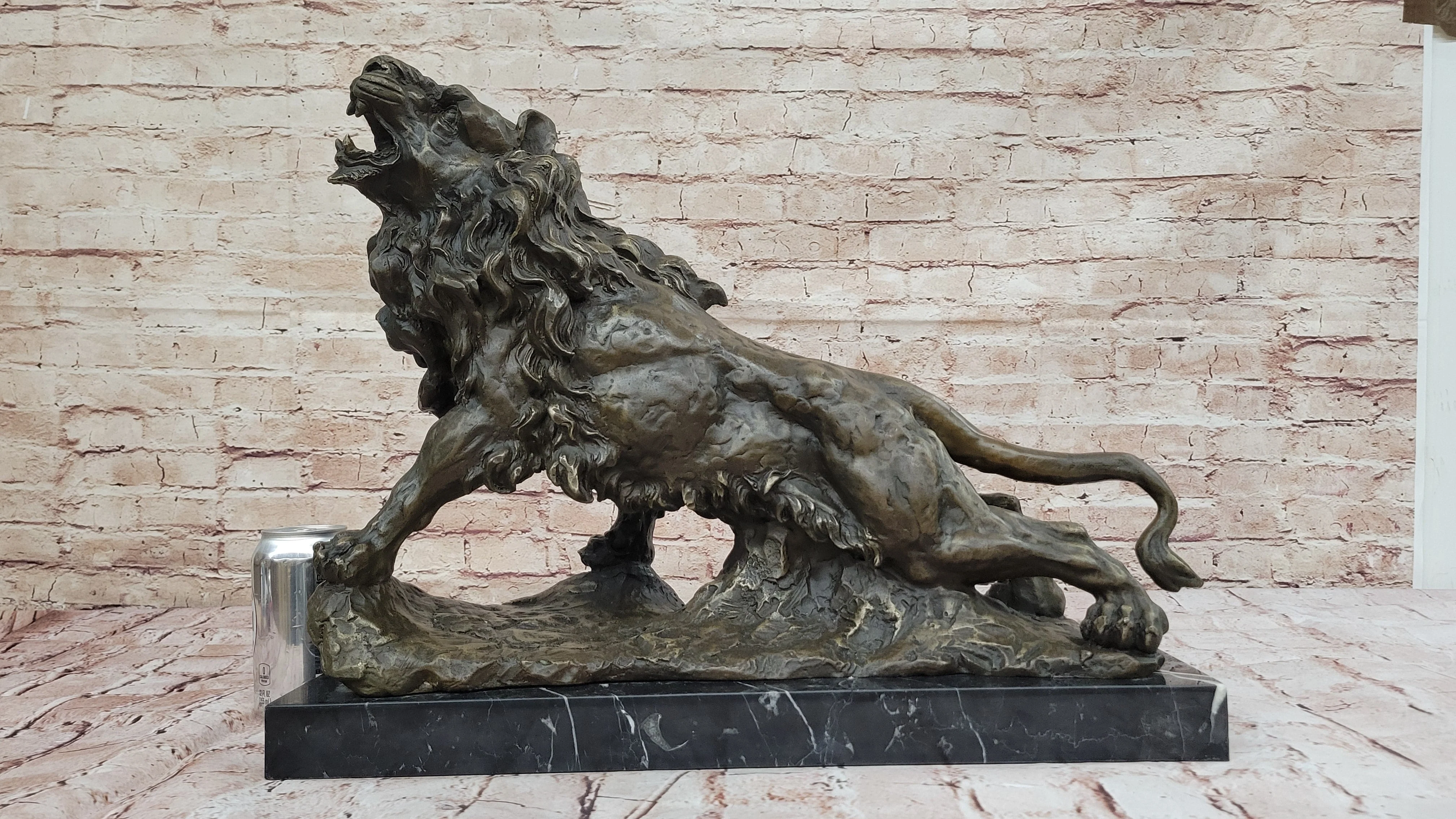Majestic Bronze Lion in Roaring Pose; Dynamic Wildlife Sculpture on Marble Base - Image 2