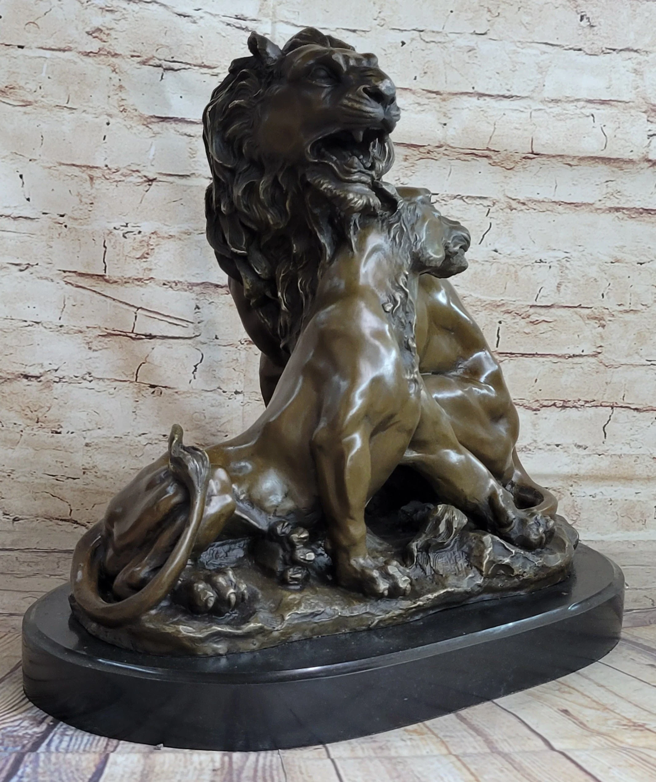 Male & Female Lion Necking Romantic Love Bronze Statue Sculpture Figure on Marble Base - Image 4