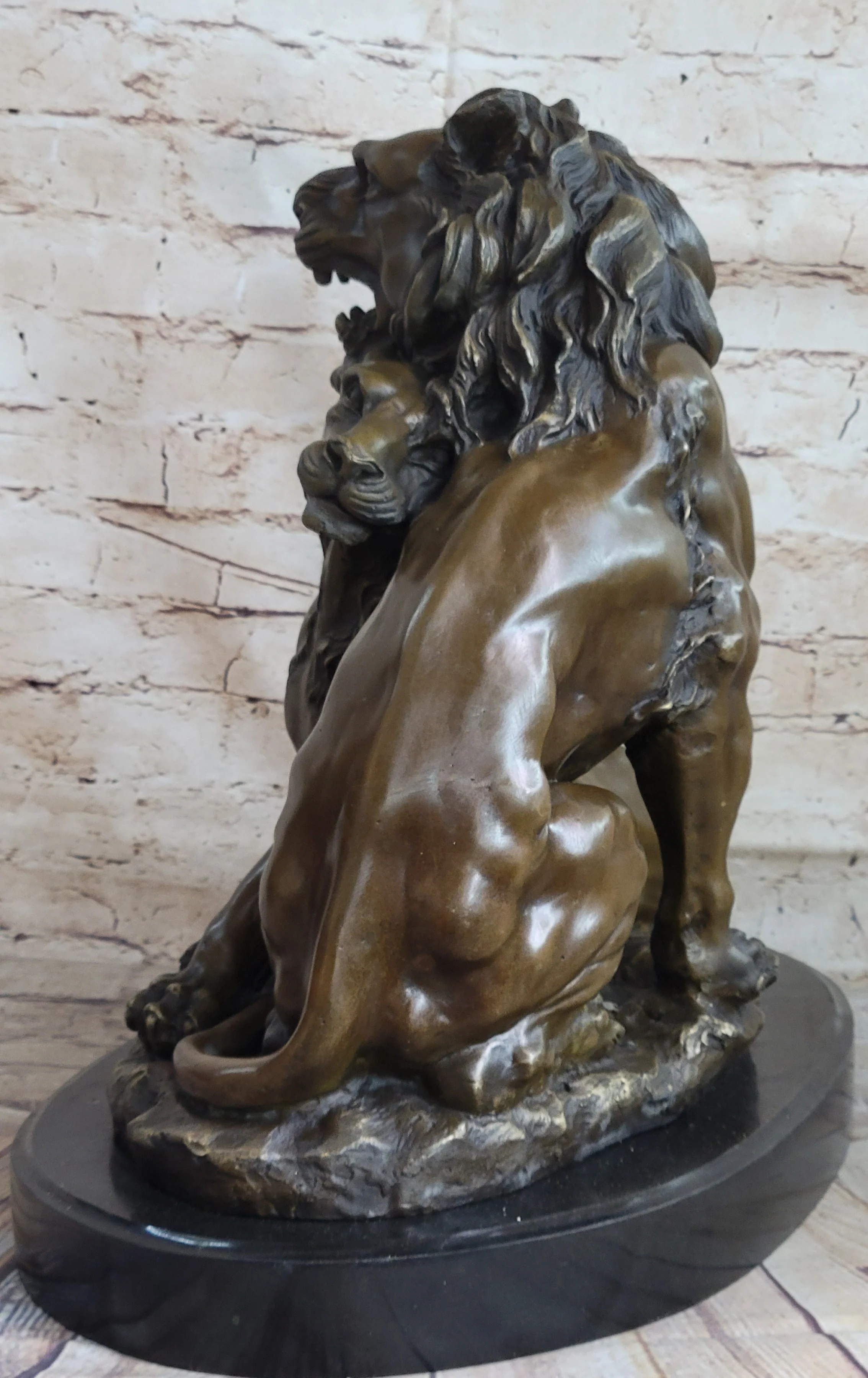 Male & Female Lion Necking Romantic Love Bronze Statue Sculpture Figure on Marble Base - Image 7