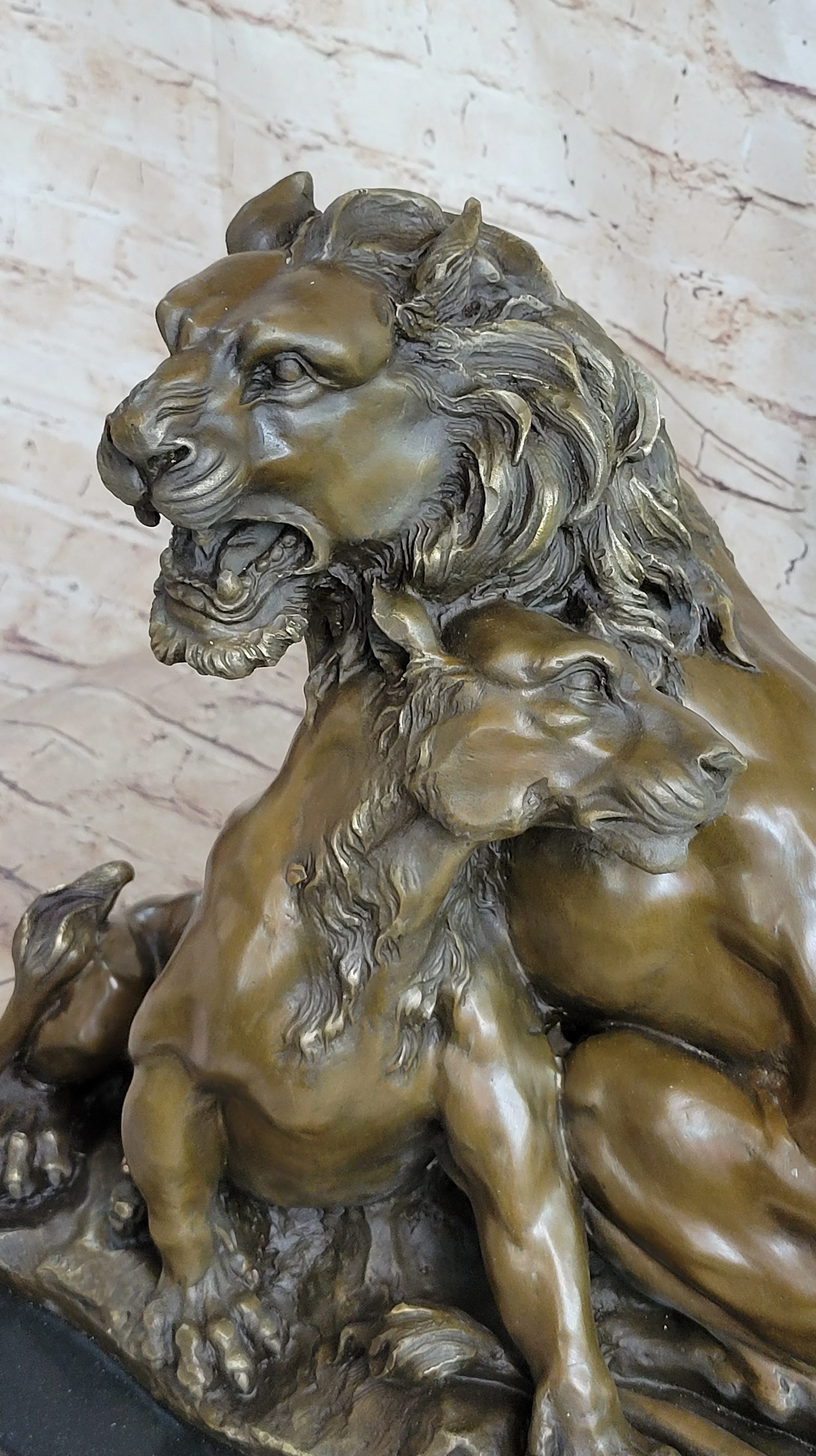 Male & Female Lion Necking Romantic Love Bronze Statue Sculpture Figure on Marble Base - Image 9