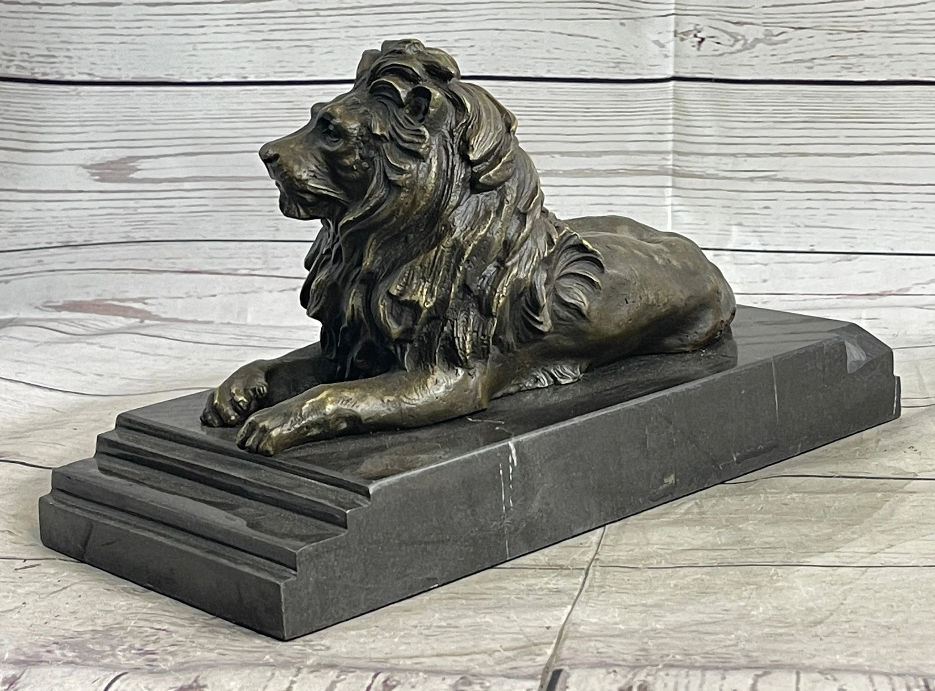 Male Guardian Lion Bronze Statue Sculpture Figure Marble Base Antoine Barye 7" x 12" - Image 4