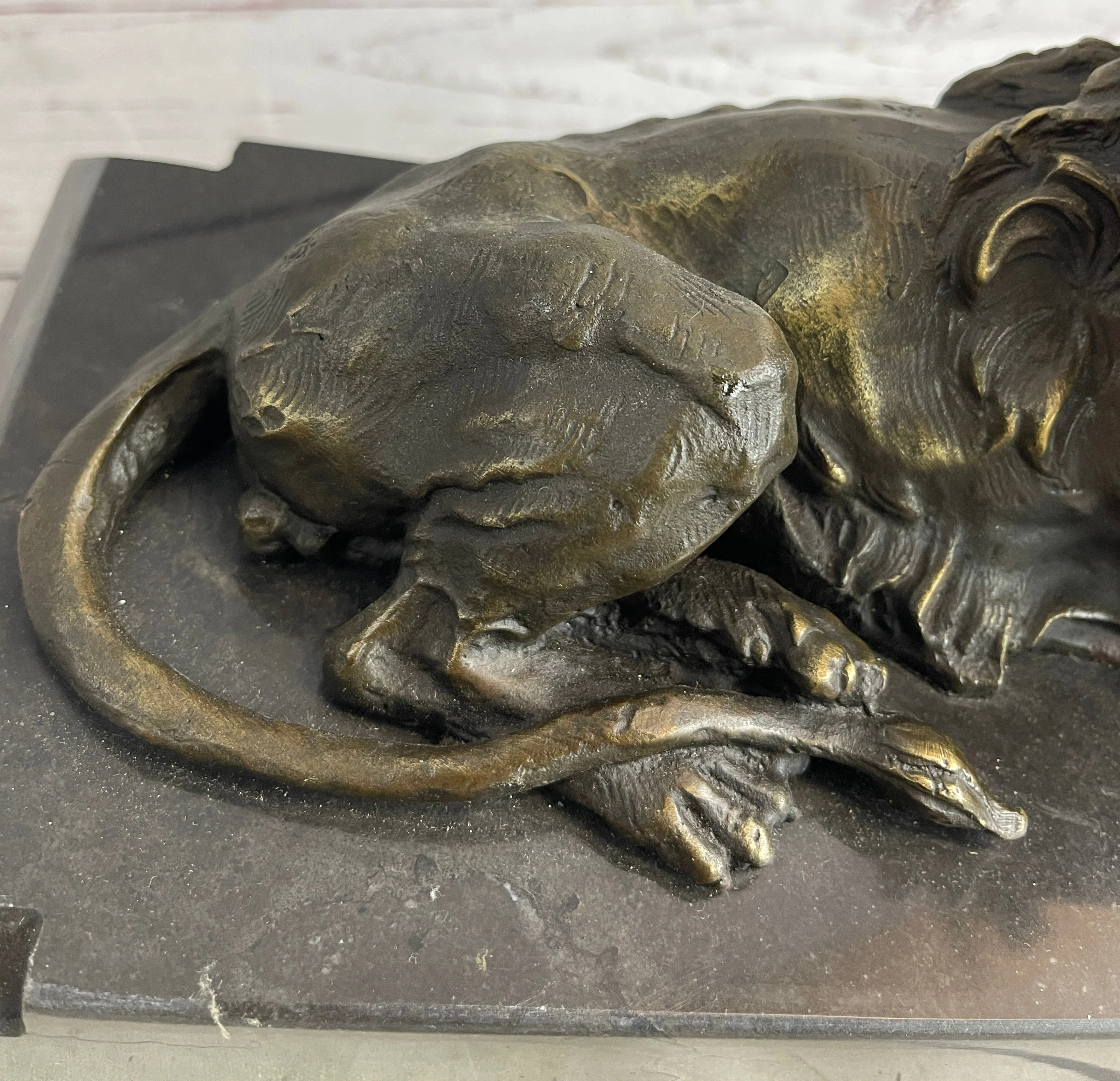 Male Guardian Lion Bronze Statue Sculpture Figure Marble Base Antoine Barye 7" x 12" - Image 9