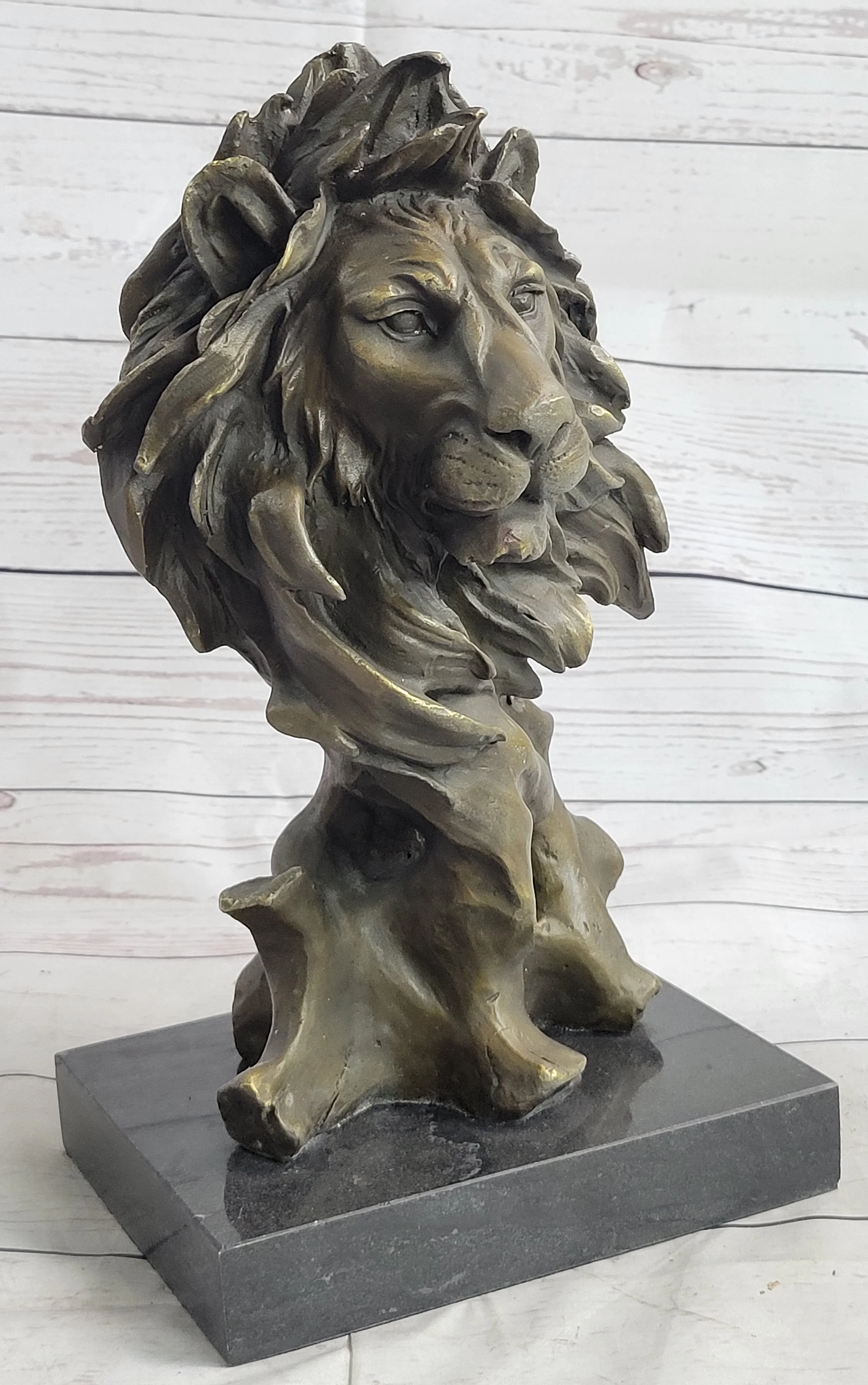 Male Lion Abstract Modern Bust Statue Sculpture Bronze Metal on Marble 12" x 7" - Image 3