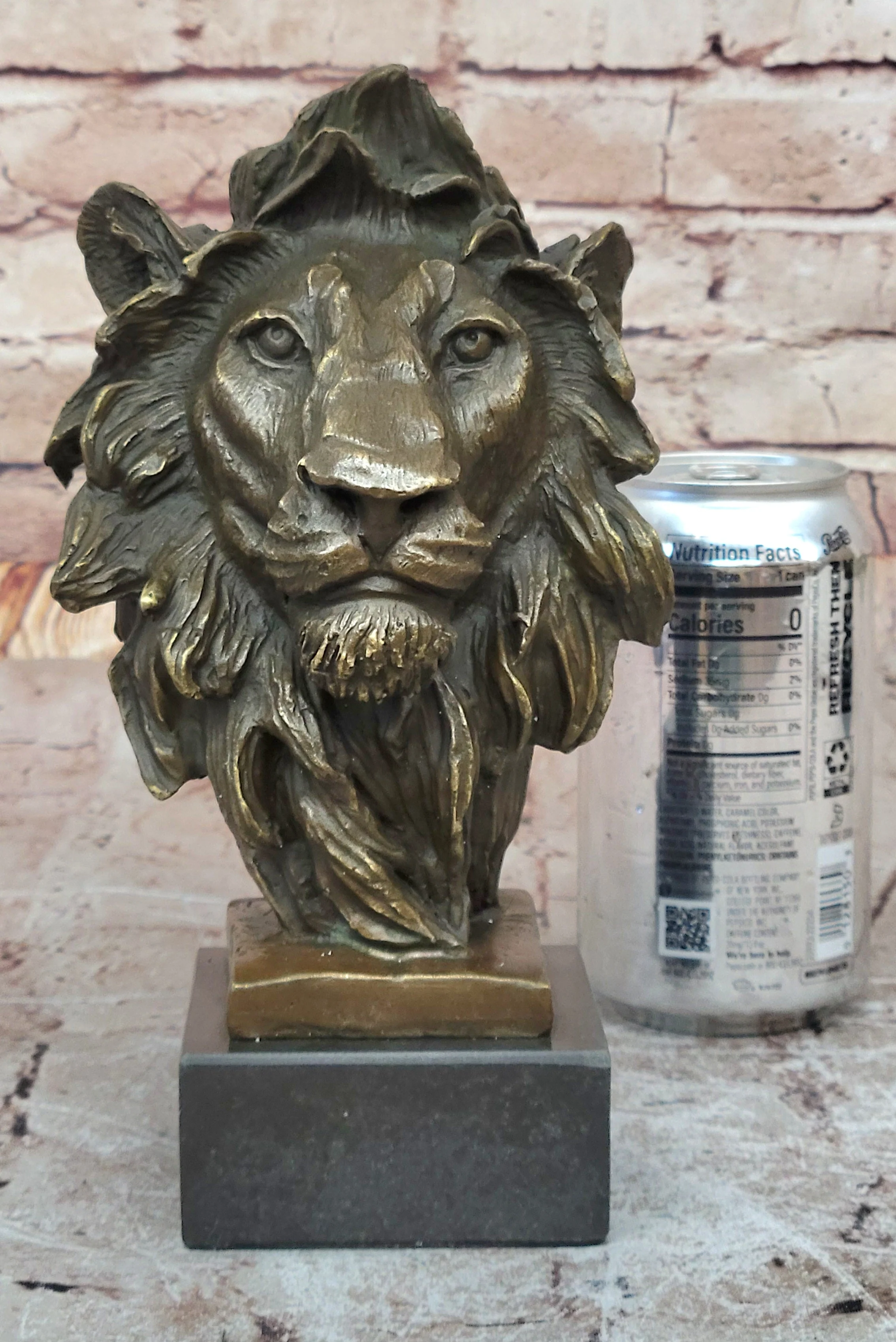 Male Lion Bronze Bust Statue Sculpture Figure on Black Marble Base Signed Barye 9" x 4" - Image 2
