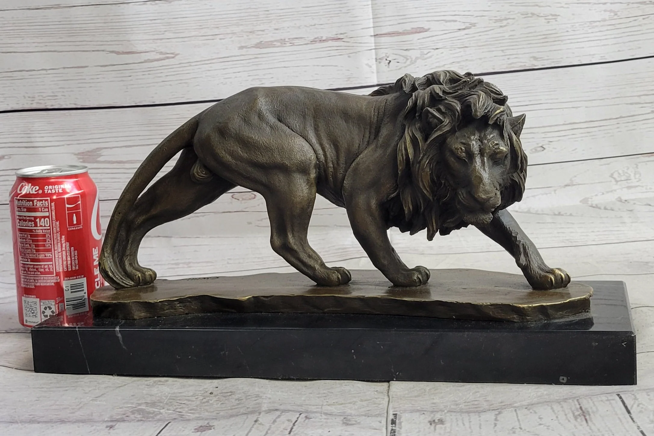 Male Lion Stalking Prey Bronze Sculpture Statue Signed Art on Marble Base - Image 2