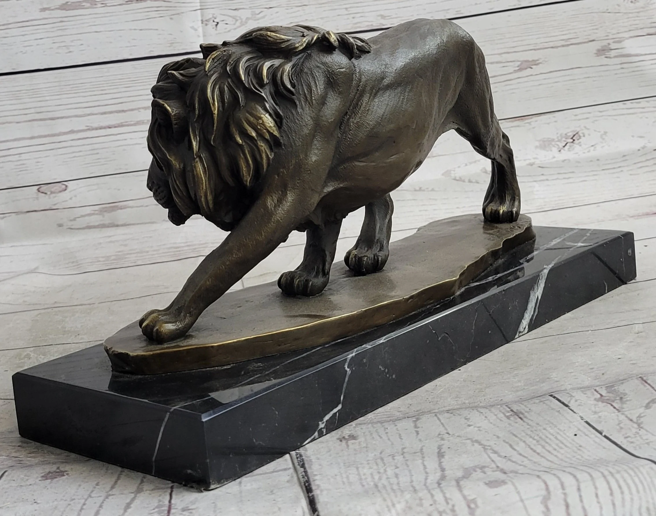 Male Lion Stalking Prey Bronze Sculpture Statue Signed Art on Marble Base - Image 4