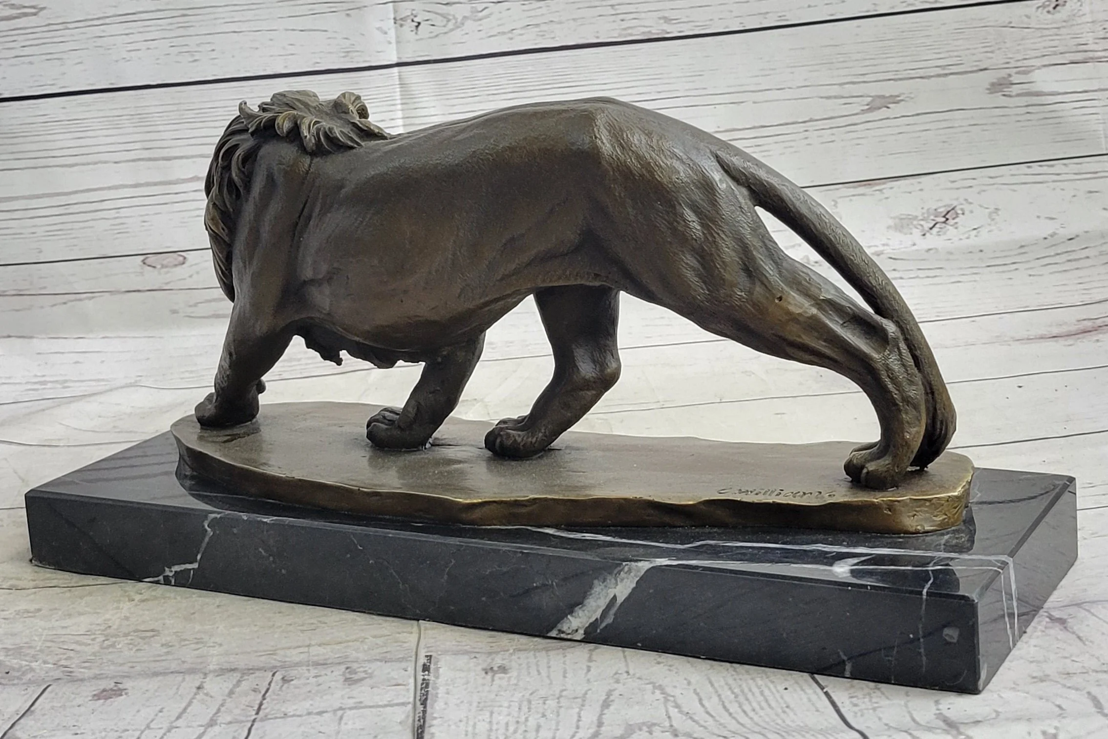 Male Lion Stalking Prey Bronze Sculpture Statue Signed Art on Marble Base - Image 5