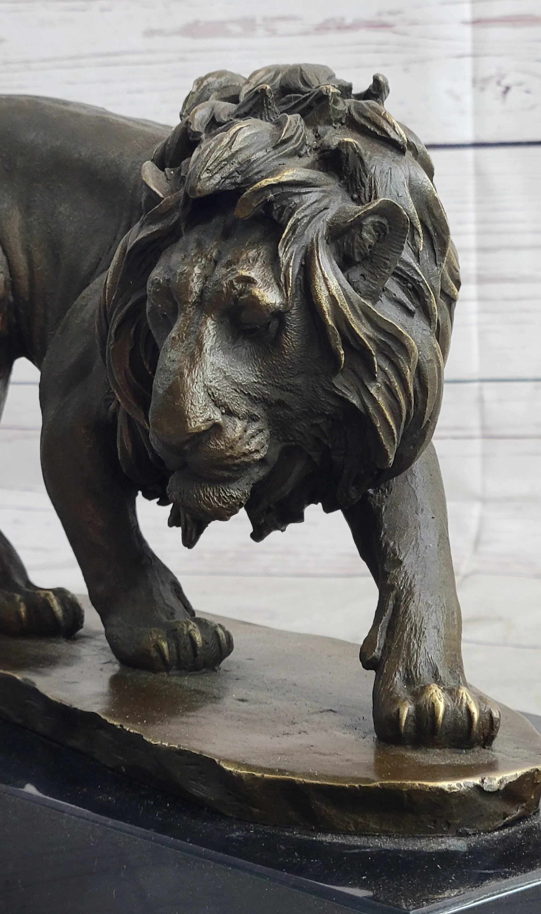 Male Lion Stalking Prey Bronze Sculpture Statue Signed Art on Marble Base - Image 7
