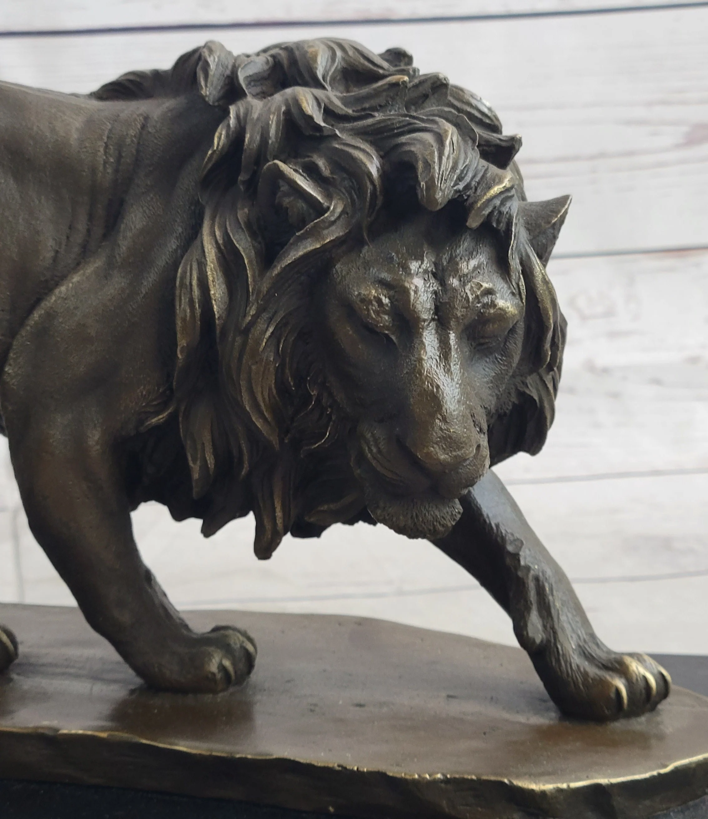 Male Lion Stalking Prey Bronze Sculpture Statue Signed Art on Marble Base - Image 8