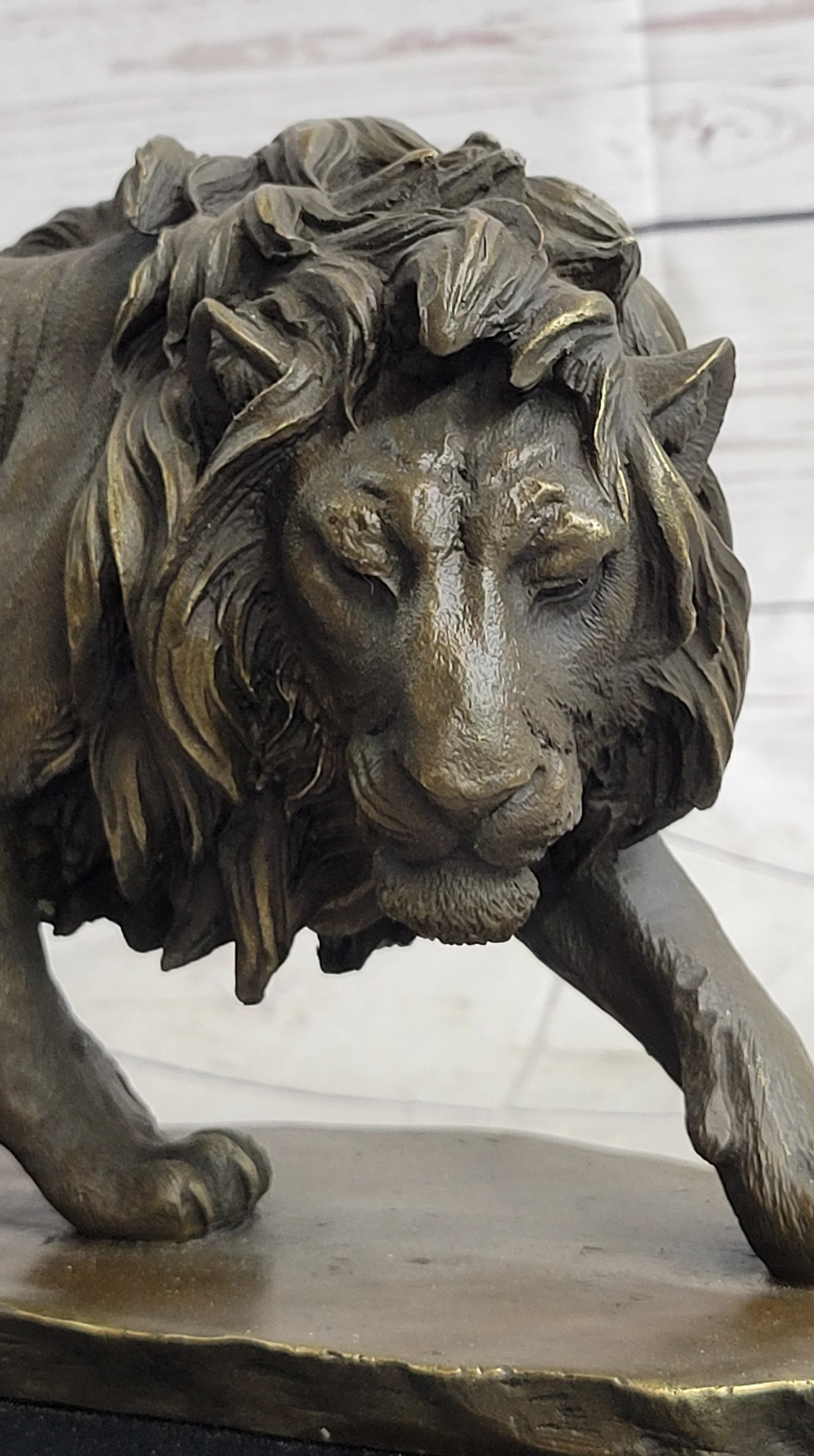Male Lion Stalking Prey Bronze Sculpture Statue Signed Art on Marble Base - Image 9