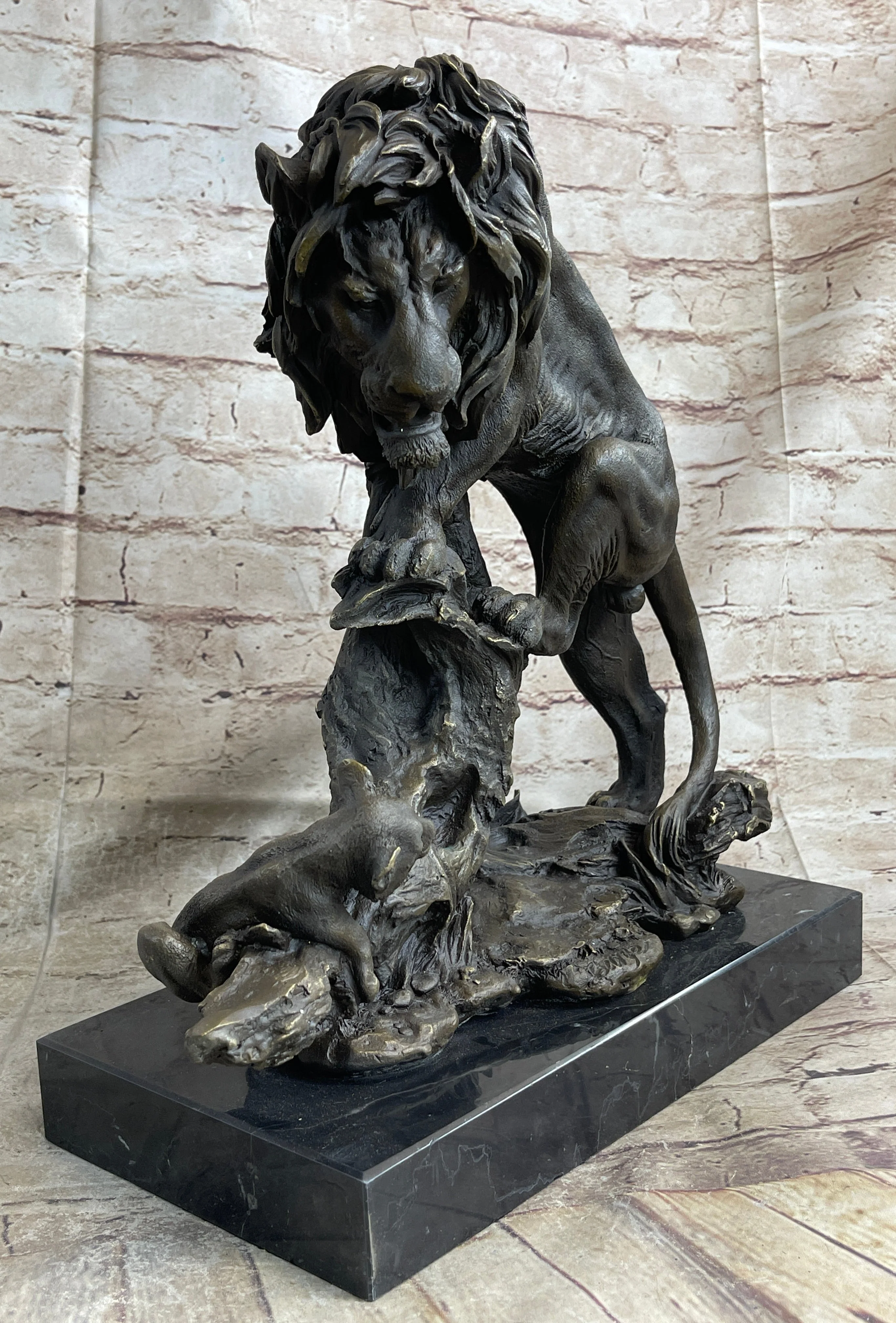 Male Lion w/ Cub Bronze Statue Sculpture Figure Barye Decor 14" x 12" - Image 4