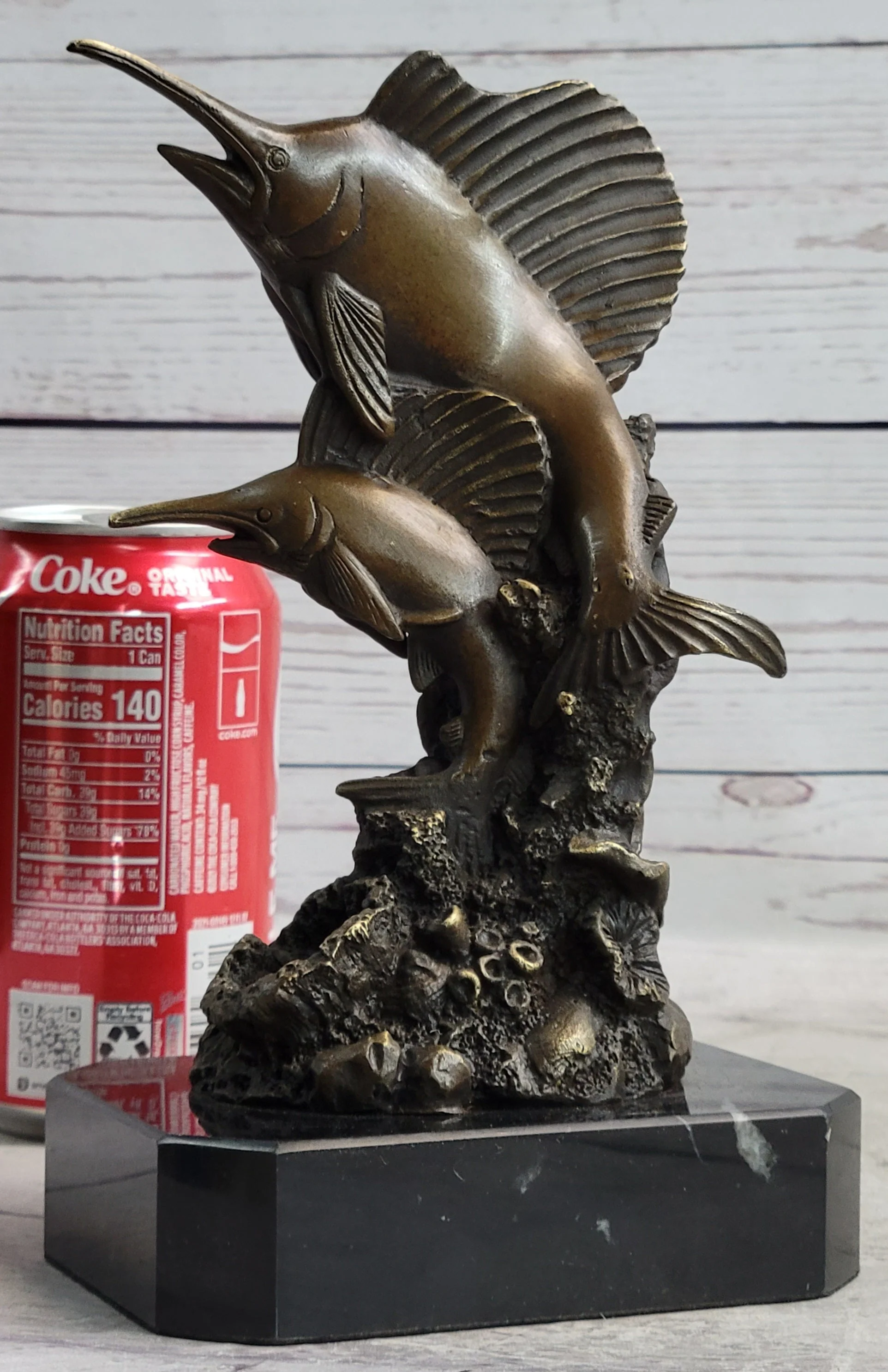 Marlins Sailfish Swordfish Jumping Out of Ocean Bronze Sculpture Statue Decor on Marble Base - Image 2