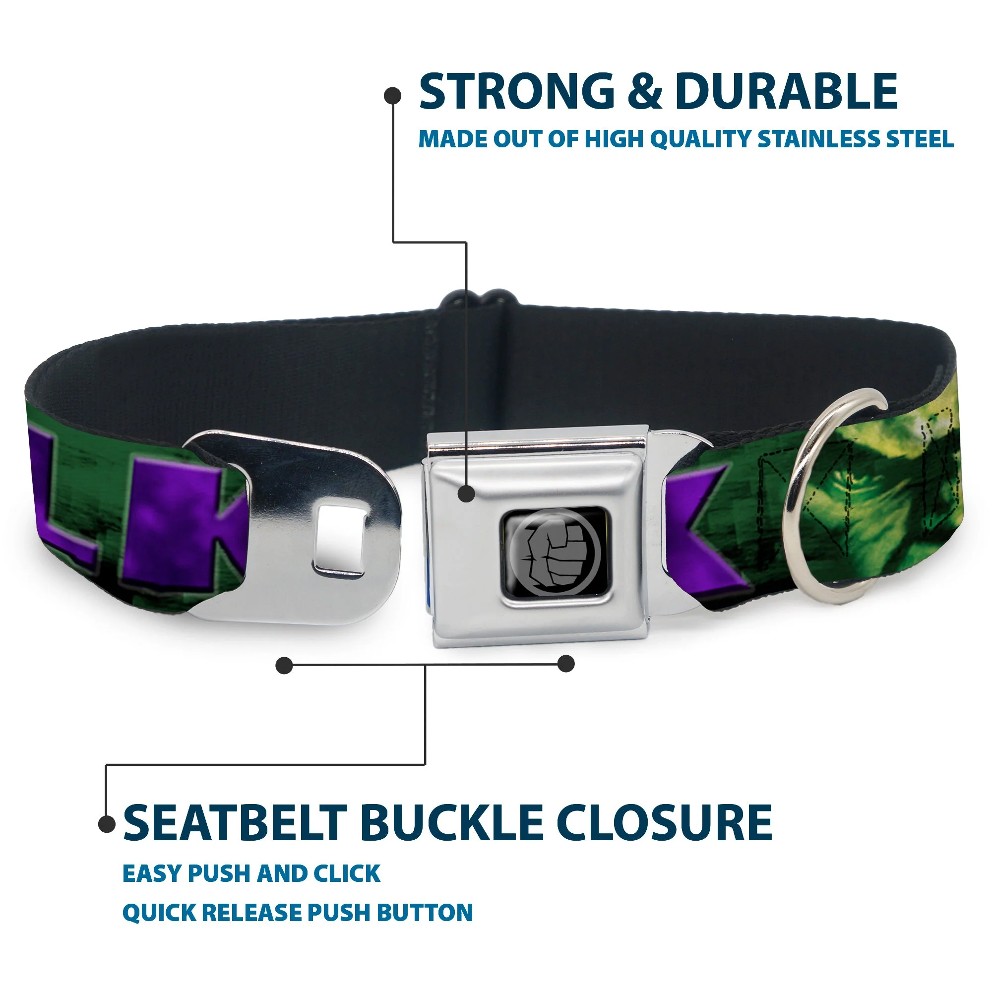 MARVEL AVENGERS Hulk Avengers Icon Black Silver Seatbelt Buckle Collar - HULK Face CLOSE-UP/Action Pose Greens/Purples - Image 4