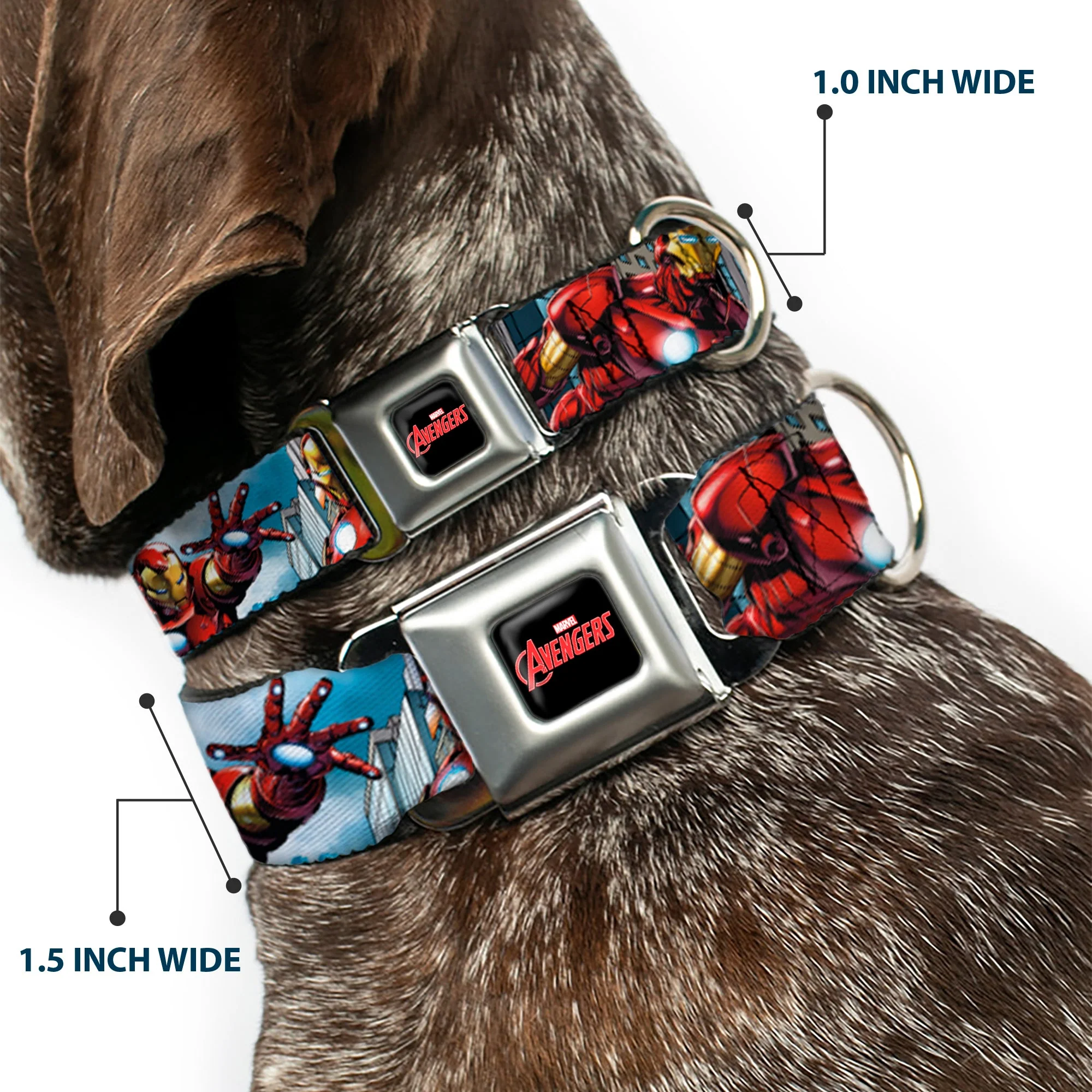 MARVEL AVENGERS Logo Full Color Black/Red/White Seatbelt Buckle Collar - IRON MAN w/Avengers Logo Cityscape - Image 2