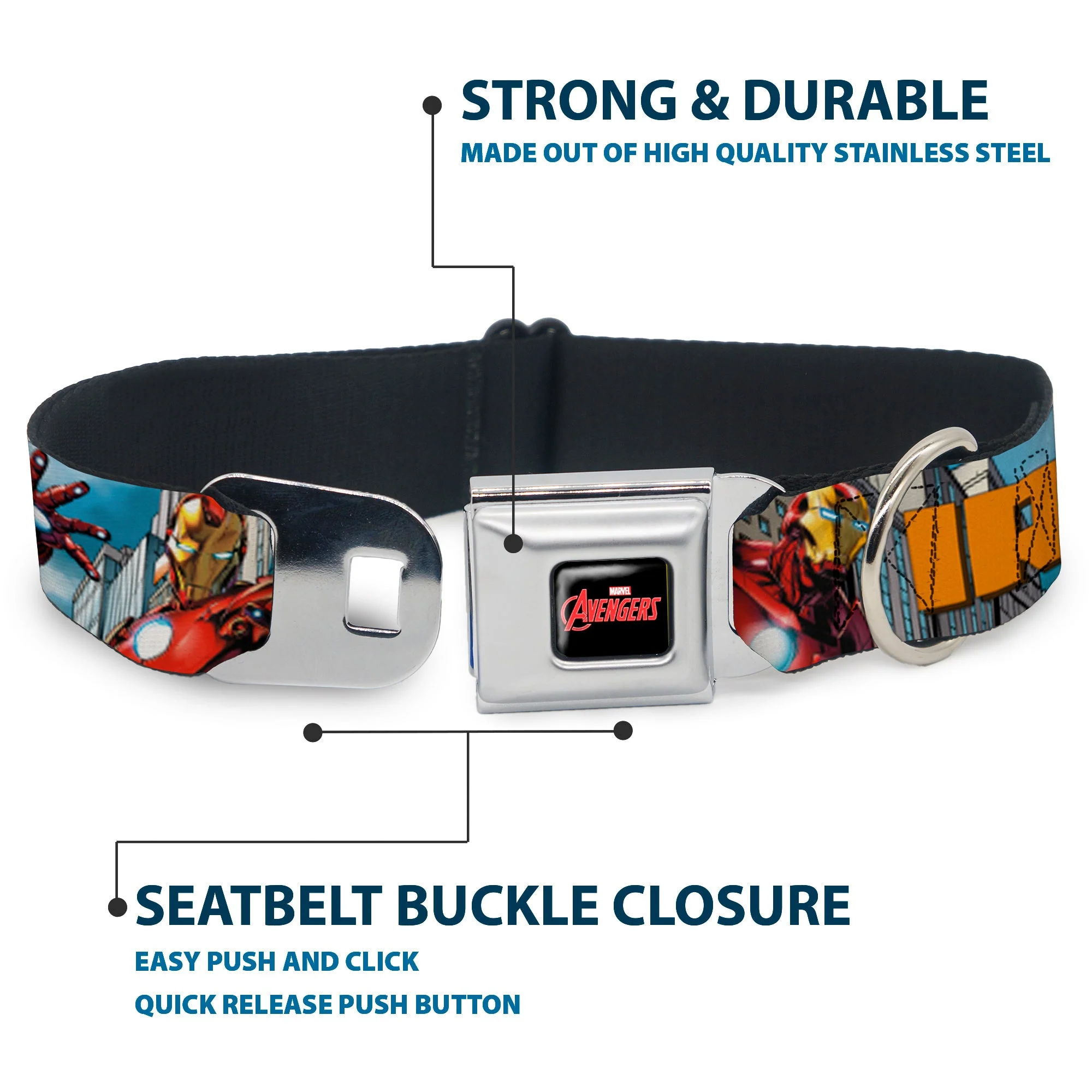 MARVEL AVENGERS Logo Full Color Black/Red/White Seatbelt Buckle Collar - IRON MAN w/Avengers Logo Cityscape - Image 4