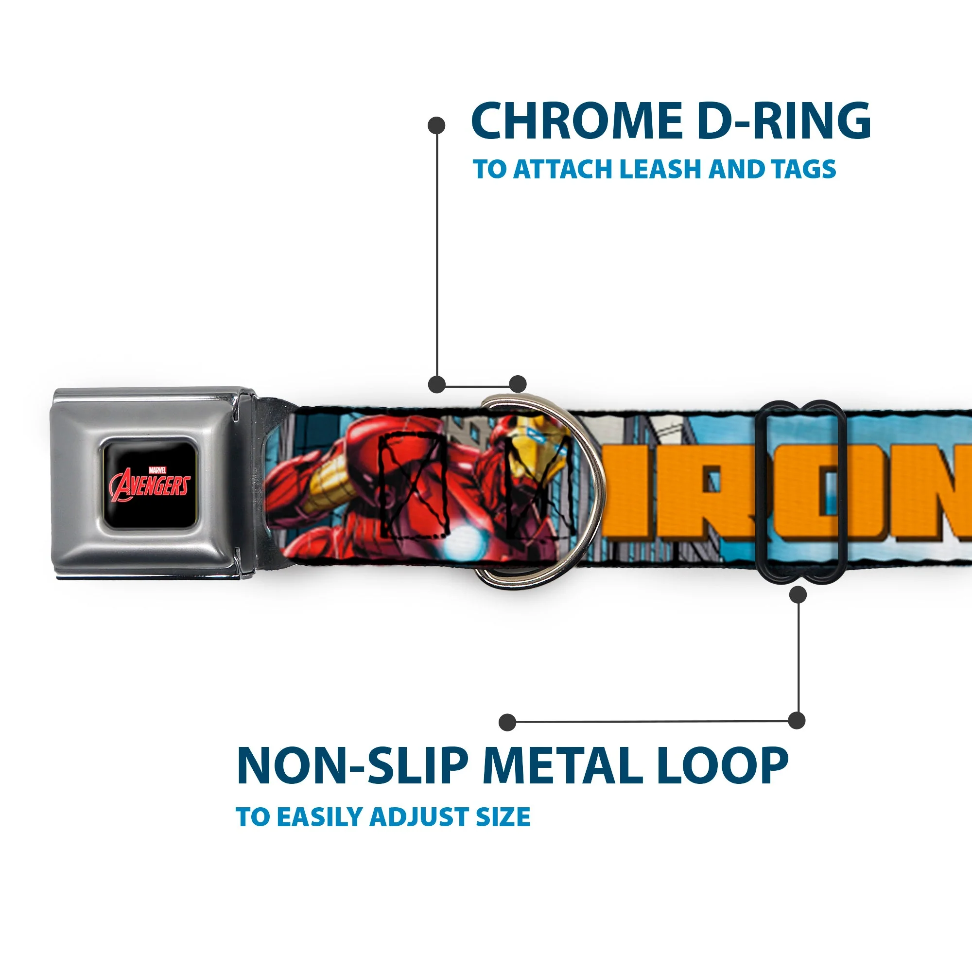 MARVEL AVENGERS Logo Full Color Black/Red/White Seatbelt Buckle Collar - IRON MAN w/Avengers Logo Cityscape - Image 5