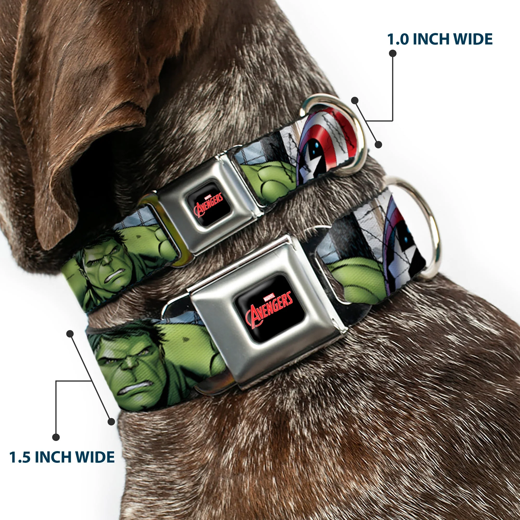 MARVEL AVENGERS Logo Full Color Black/Red/White Seatbelt Buckle Collar - Marvel Avengers 4-Superhero Poses CLOSE-UP - Image 2
