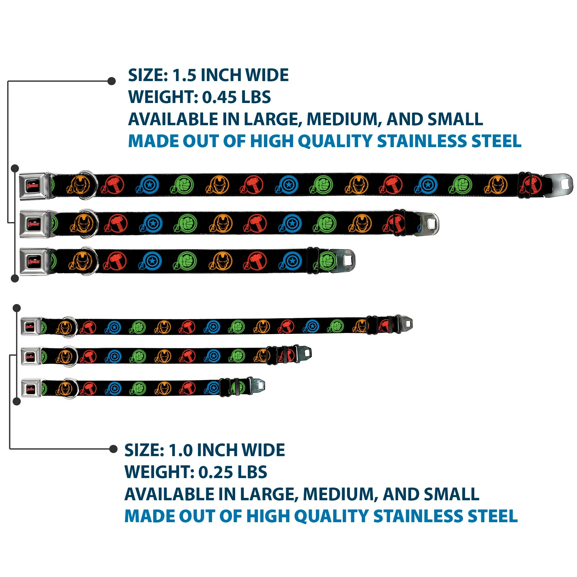 MARVEL AVENGERS Logo Full Color Black/Red/White Seatbelt Buckle Collar - Marvel Avengers Superhero Logos Black/Multi Color - Image 3