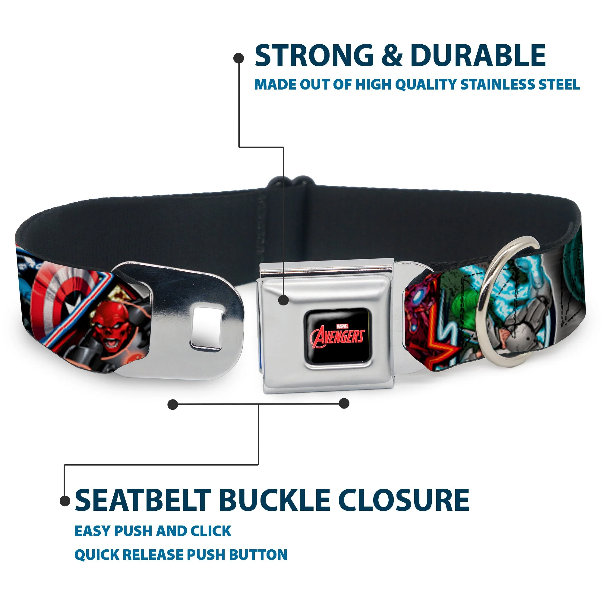 MARVEL AVENGERS Logo Full Color Black/Red/White Seatbelt Buckle Collar - Marvel Avengers Superhero/Villain Poses - Image 4