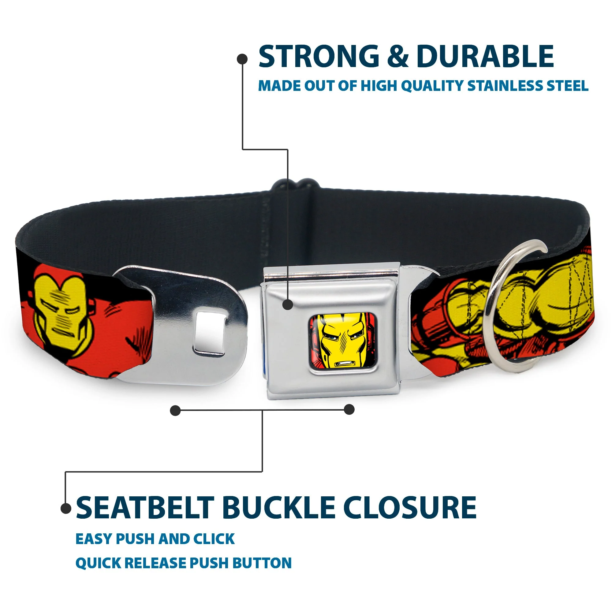 MARVEL COMICS Iron Man Face Full Color Red Yellow Seatbelt Buckle Collar - THE INVINCIBLE IRON MAN Action Poses Black/Red/Yellow - Image 4