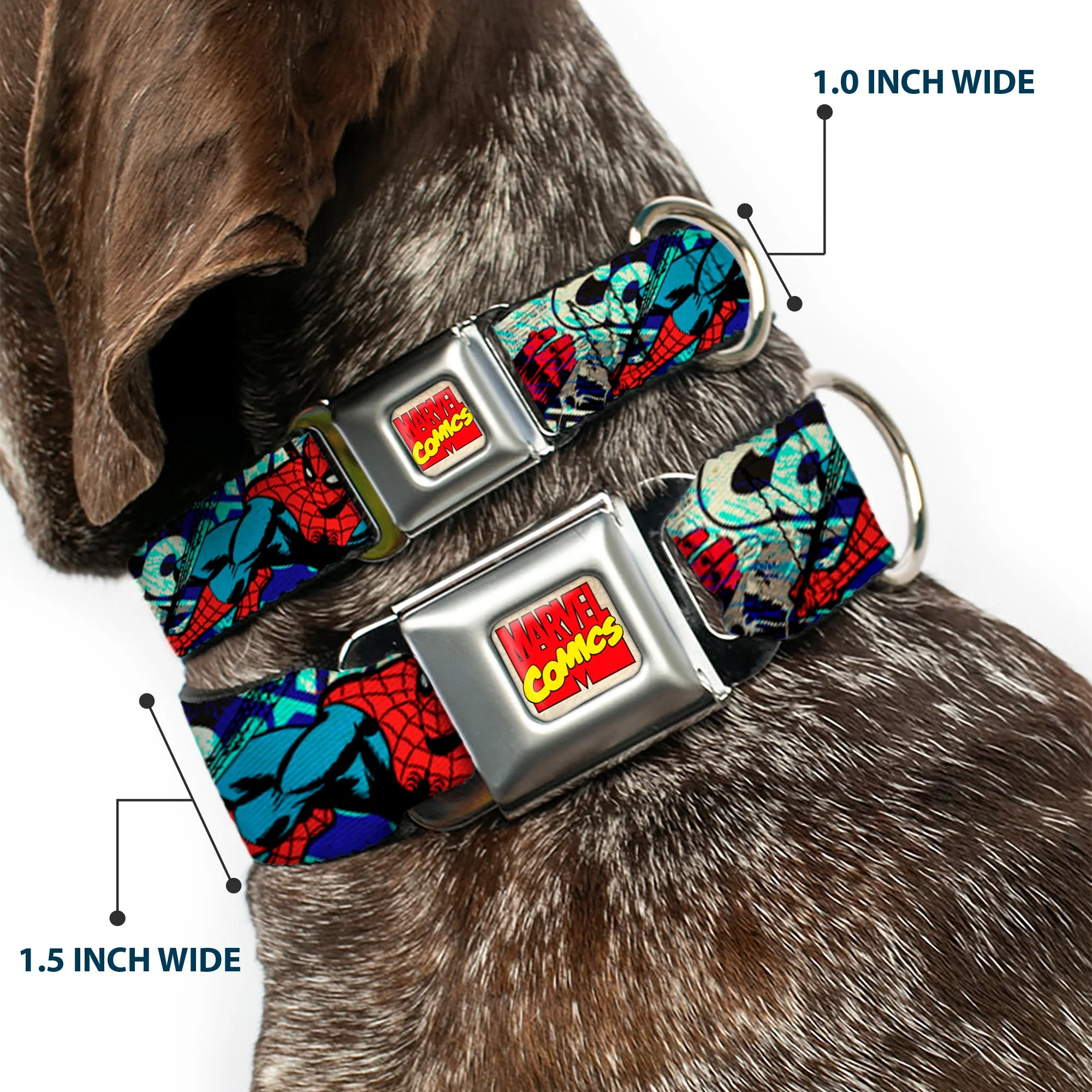 Marvel Comics Logo Full Color Seatbelt Buckle Collar - 4-Superhero Action Poses/Comic Scenes White/Black/Full Color Splatter - Image 2