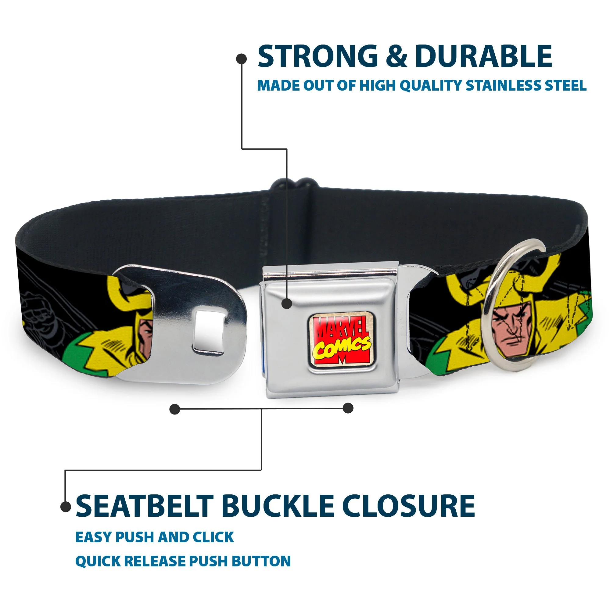 MARVEL COMICS Marvel Comics Logo Full Color Seatbelt Buckle Collar - LOKI in Action Black/Gray/Yellow/Green - Image 4