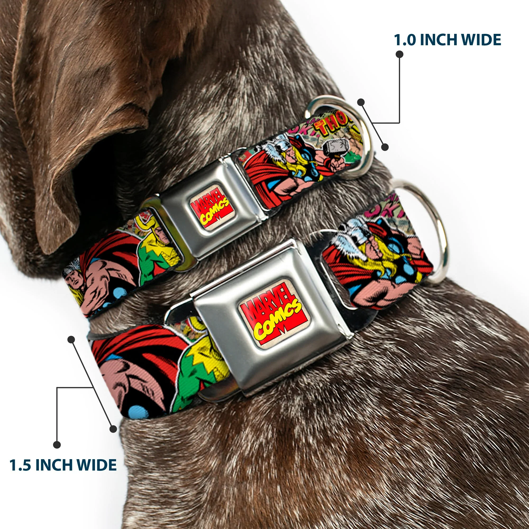 MARVEL COMICS Marvel Comics Logo Full Color Seatbelt Buckle Collar - Thor & Loki Poses/Retro Comic Books Stacked - Image 2