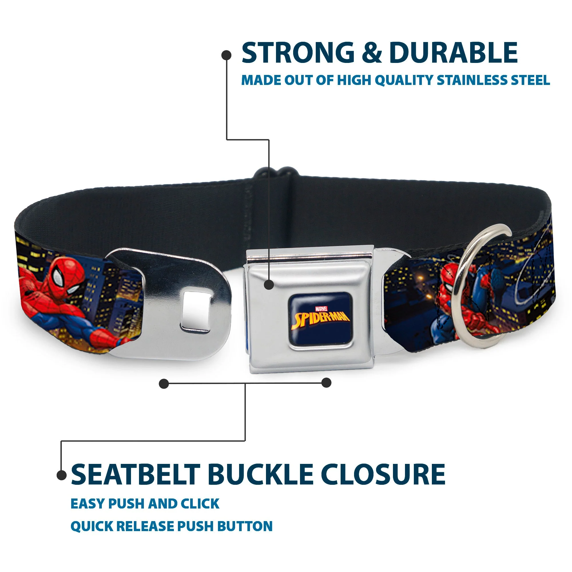 MARVEL SPIDER-MAN Title Logo Full Color Dark Blue Seatbelt Buckle Collar - SPIDER-MAN Title Logo and Action Skyline Poses - Image 4