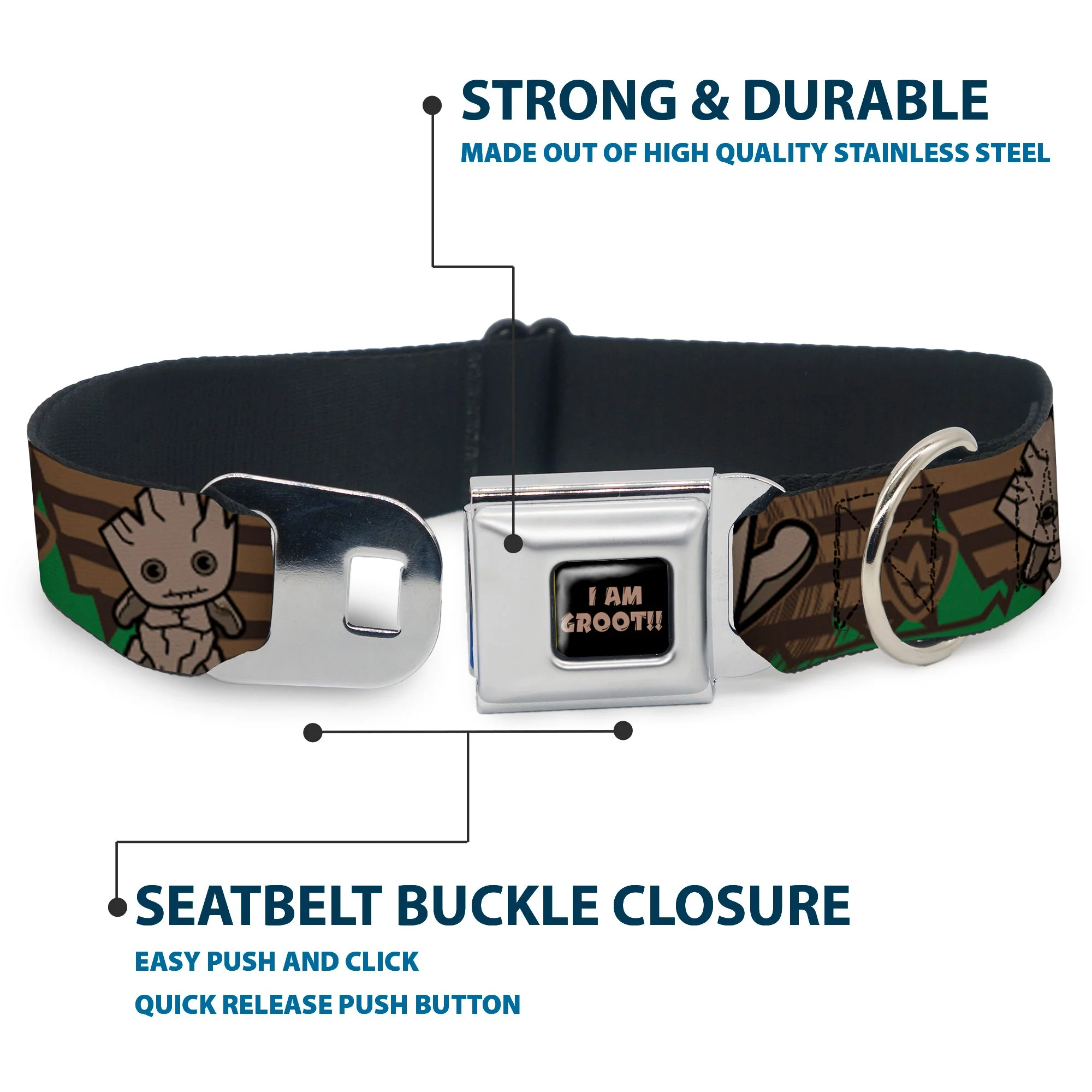 MARVEL UNIVERSE I AM GROOT!! Full Color Black Brown Seatbelt Buckle Collar - Kawaii Groot 2-Poses/Guardians Badge Browns/Green - Image 4