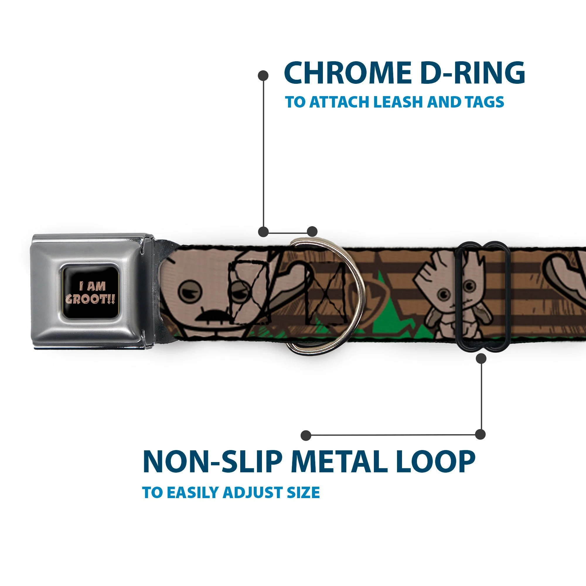 MARVEL UNIVERSE I AM GROOT!! Full Color Black Brown Seatbelt Buckle Collar - Kawaii Groot 2-Poses/Guardians Badge Browns/Green - Image 5