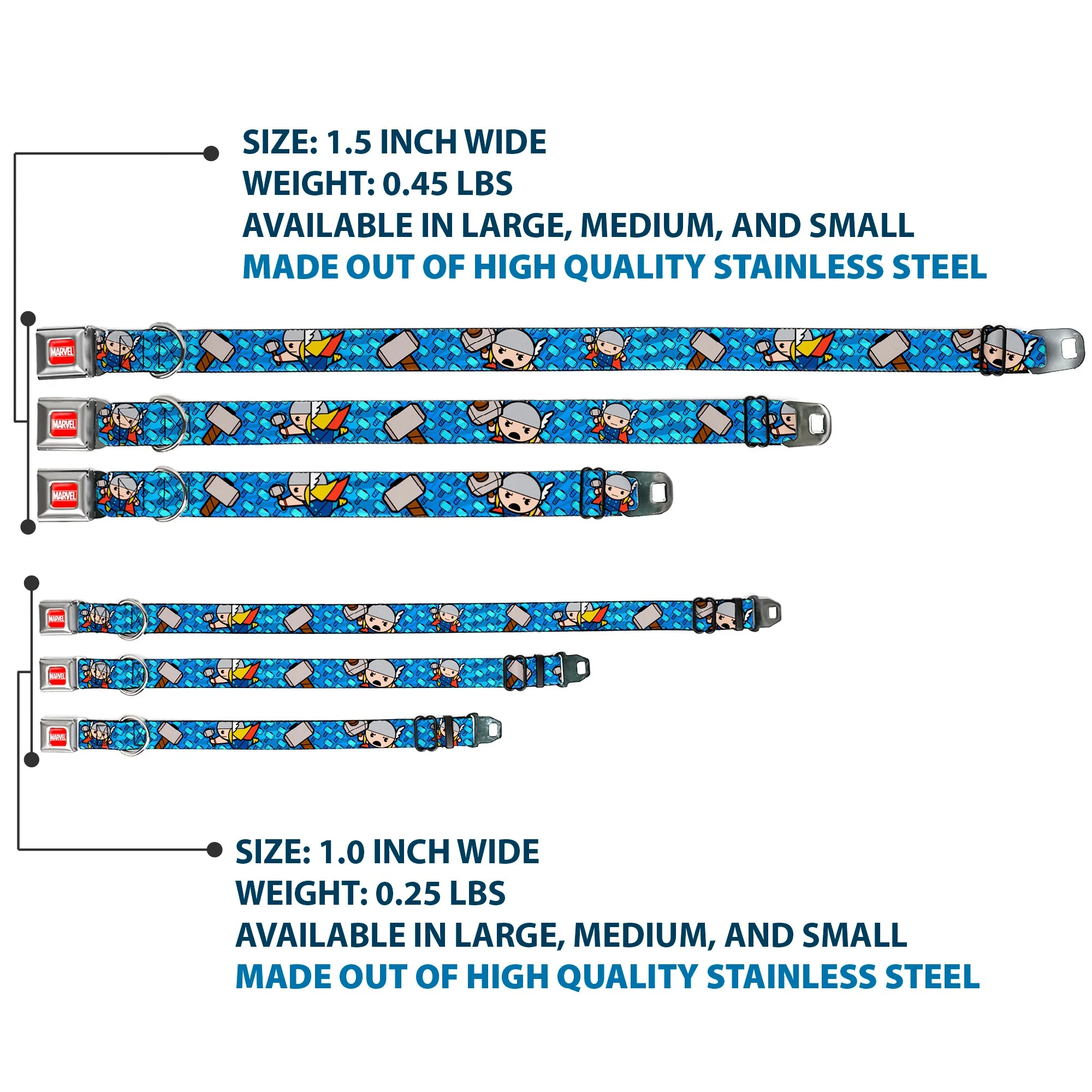 MARVEL UNIVERSE MARVEL Full Color Red White Seatbelt Buckle Collar - Kawaii Thor Poses/Hammer Monogram Blues - Image 3
