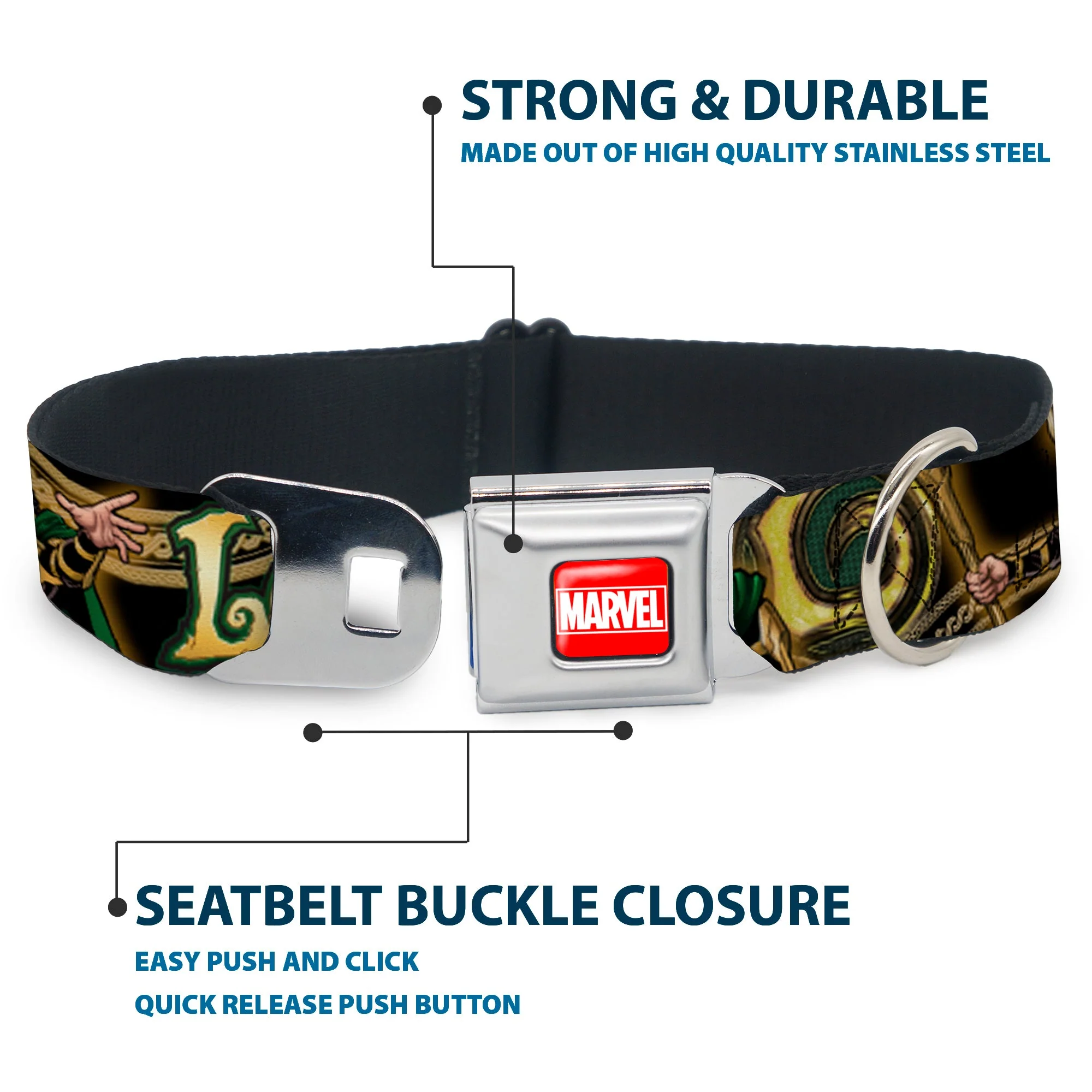 MARVEL UNIVERSE MARVEL Full Color Red White Seatbelt Buckle Collar - LOKI Poses Black/Gold/Green - Image 4