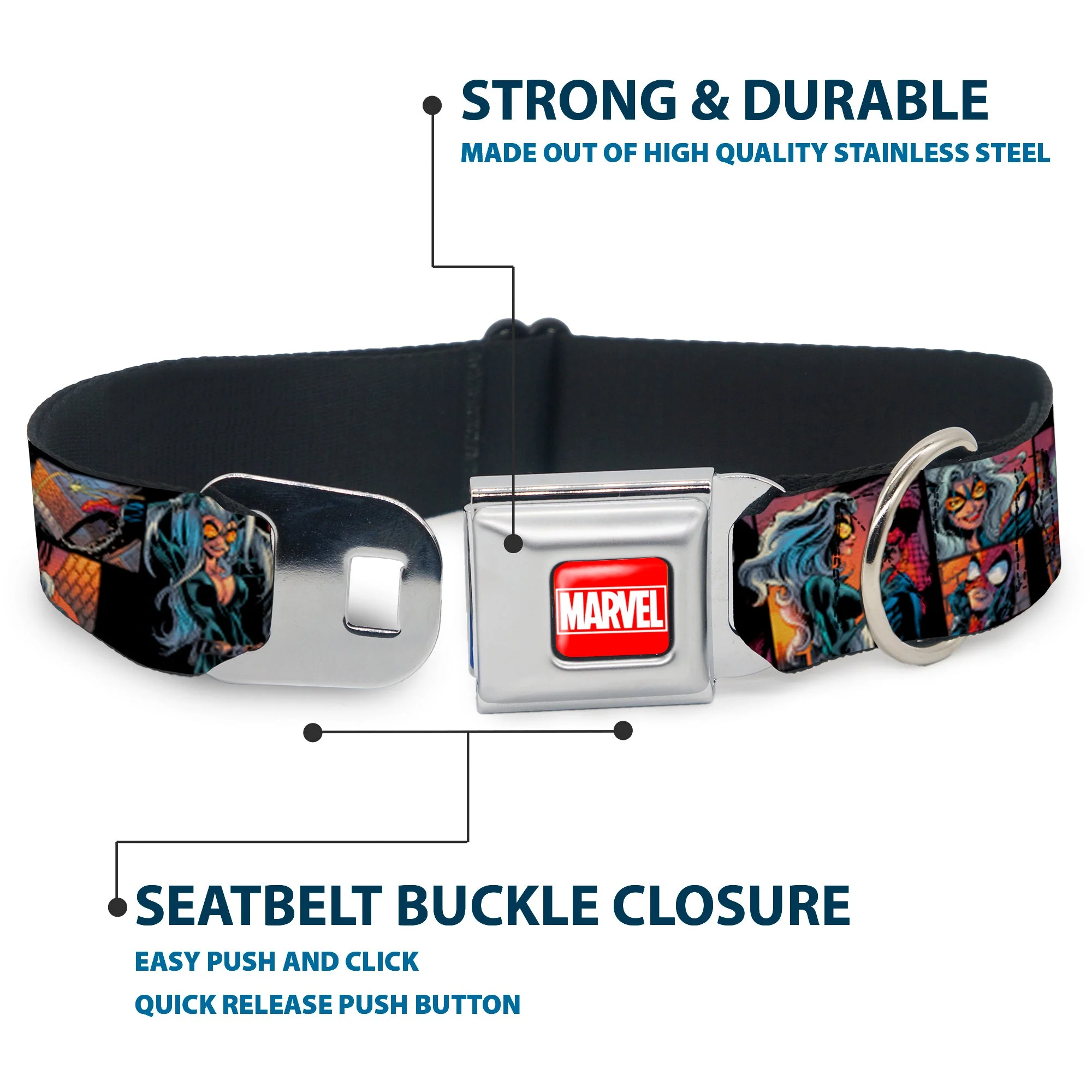 MARVEL UNIVERSE MARVEL Full Color Red White Seatbelt Buckle Collar - Spider-Man & Black Cat Scene Blocks - Image 4