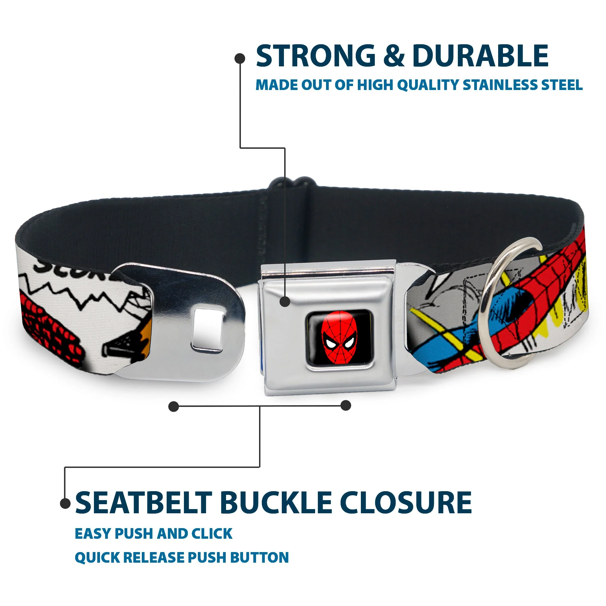 MARVEL UNIVERSE Spider-Man Full Color Seatbelt Buckle Collar - Spider-Man w/Action Verbiage - Image 4