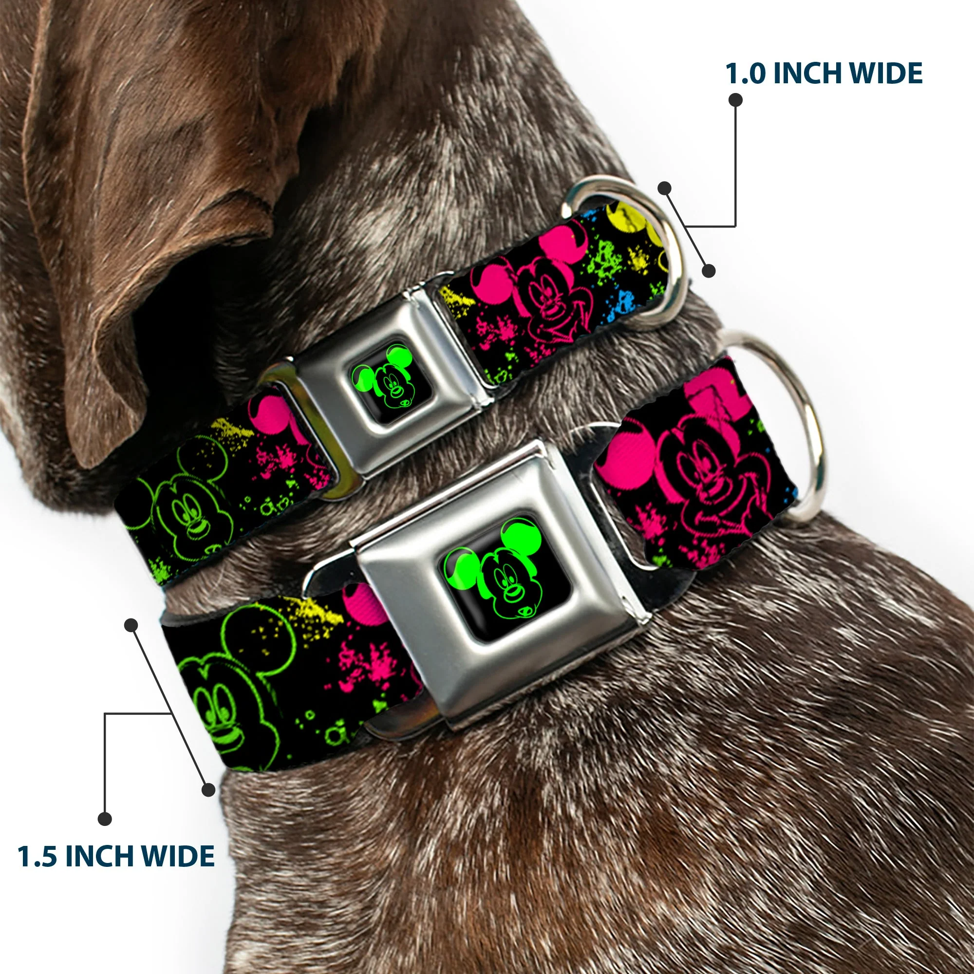Mickey Mouse Expression1 Full Color Black/Neon Green Seatbelt Buckle Collar - Mickey Expressions/Paint Splatter Black/Multi Neon - Image 2