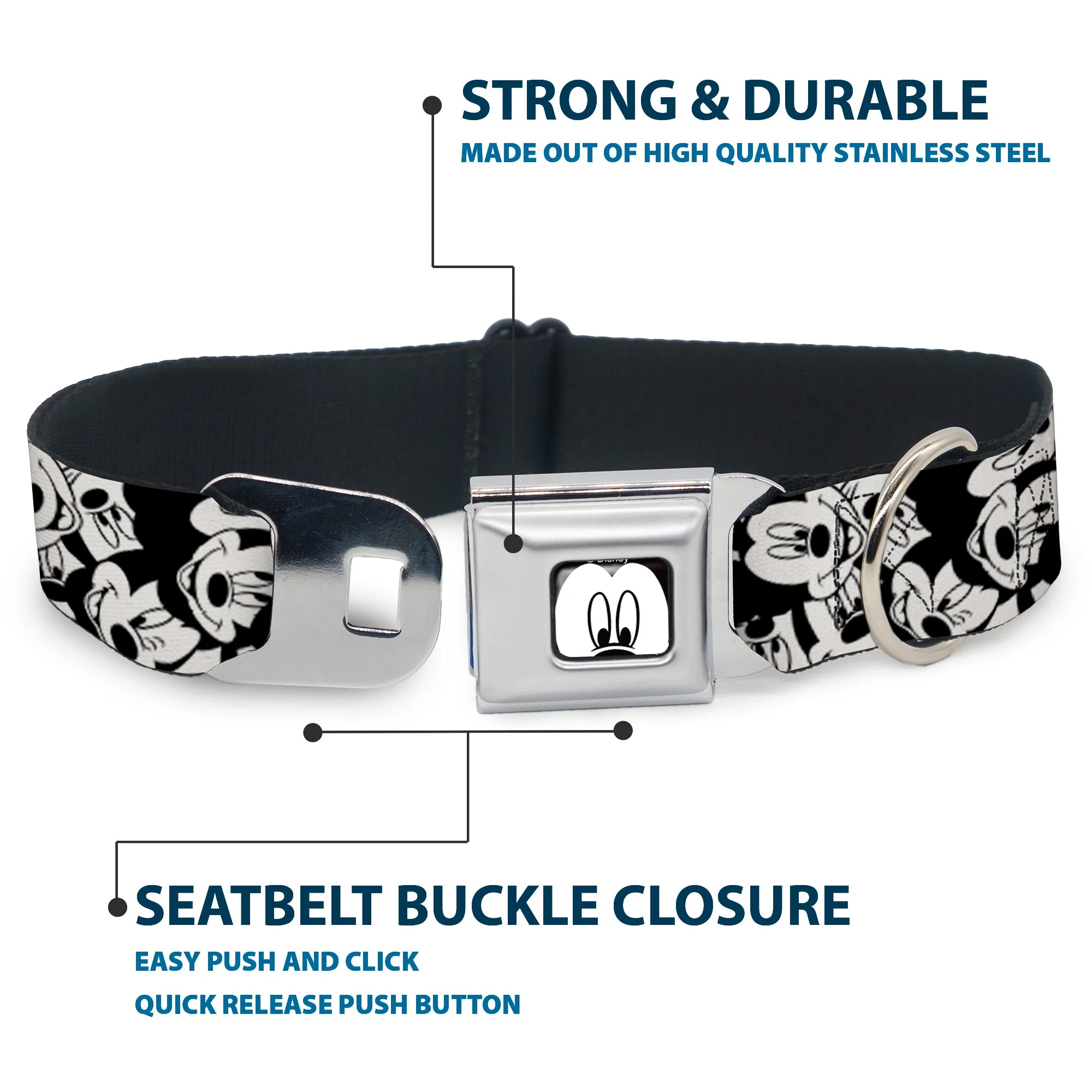 Mickey Mouse Face CLOSE-UP Full Color White Black Seatbelt Buckle Collar - Mickey Mouse Expressions Stacked White/Black - Image 4