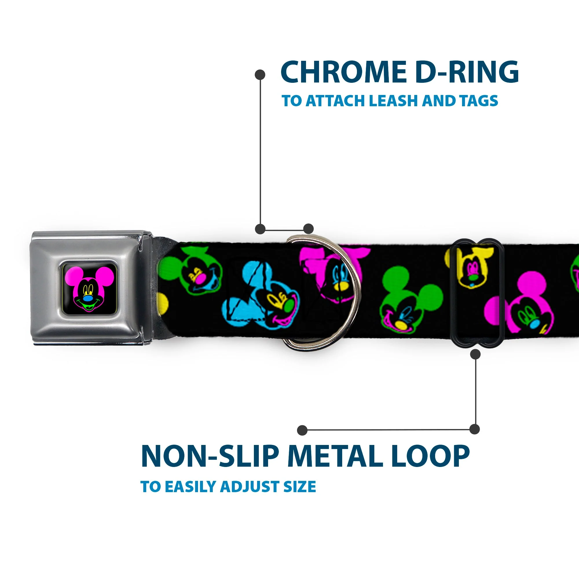 Mickey Mouse Face Full Color Black Multi Neon Seatbelt Buckle Collar - Mickey Mouse Expressions Scattered Black/Multi Neon - Image 5