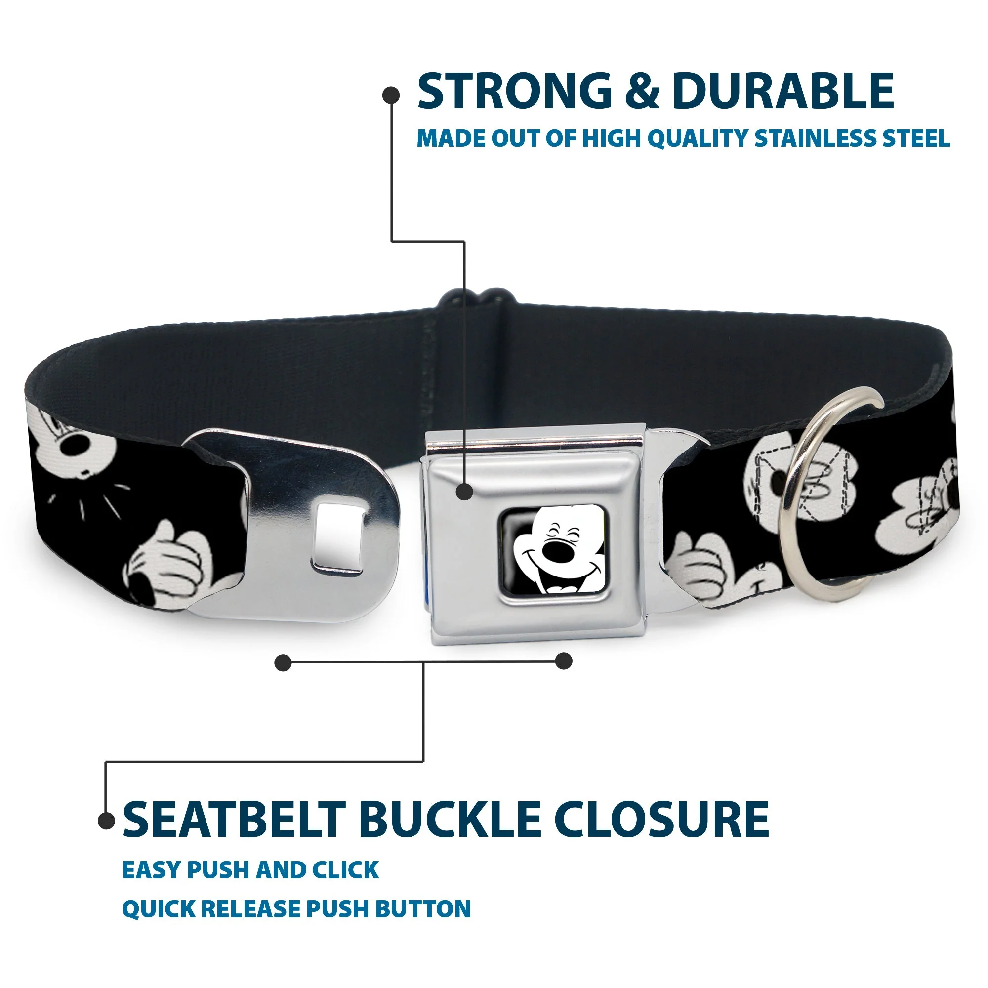 Mickey Mouse Face2 CLOSE-UP Full Color Black White Seatbelt Buckle Collar - Mickey Mouse Expressions Scattered Black/White - Image 4