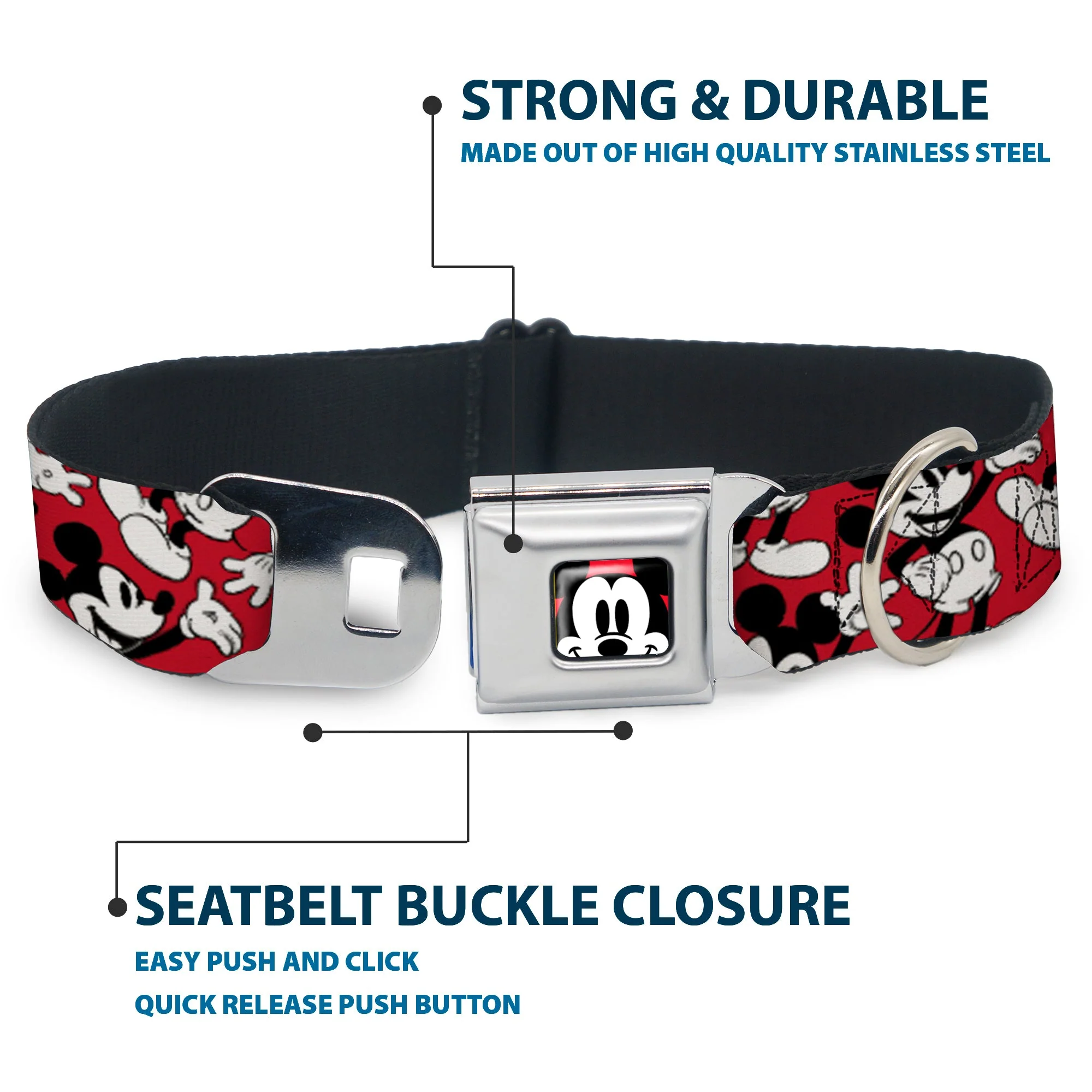Mickey Mouse Face2 CLOSE-UP Full Color Red Black White Seatbelt Buckle Collar - Mickey Mouse Poses Scattered Red/Black/White - Image 4