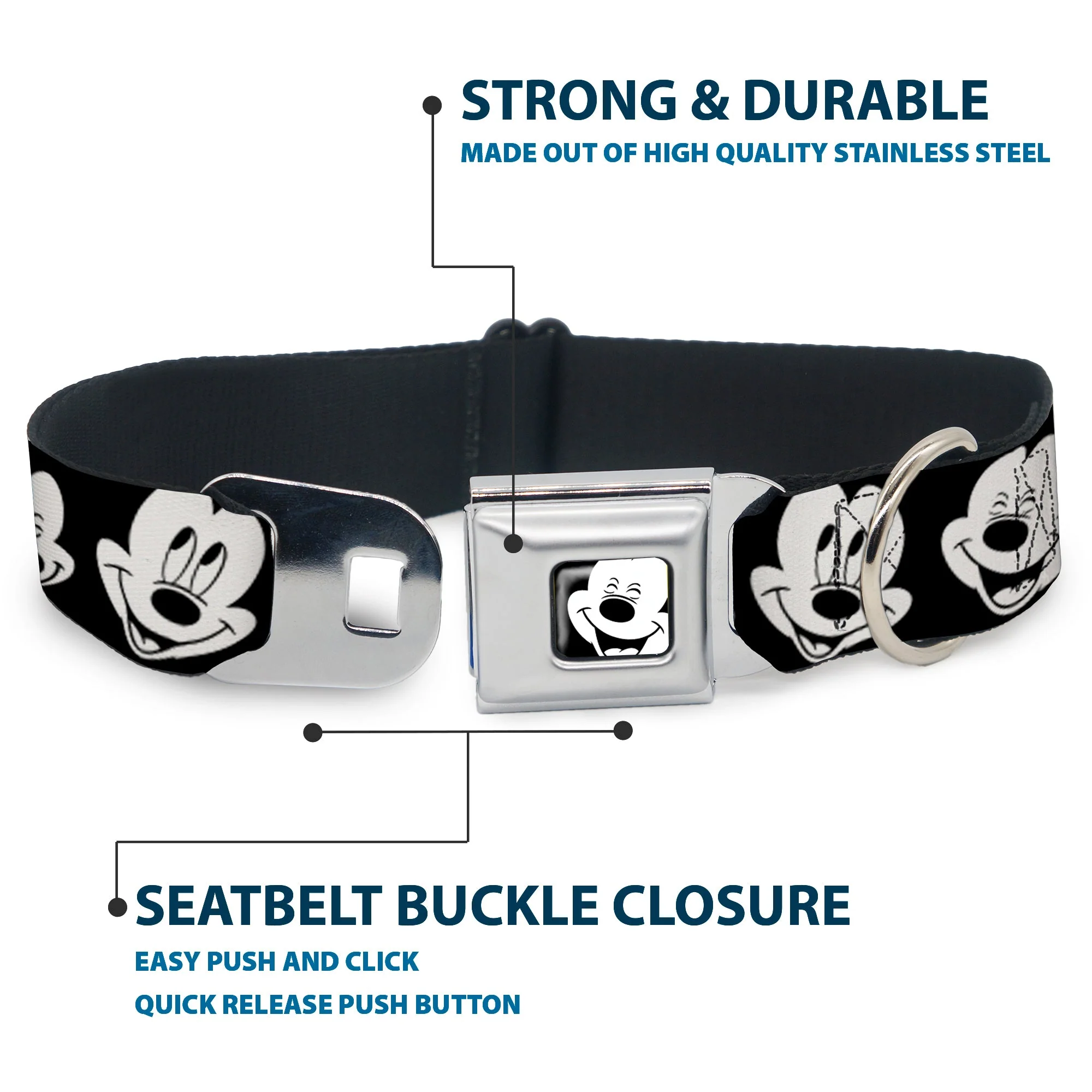Mickey Mouse Face3 CLOSE-UP Full Color Black/White Seatbelt Buckle Collar - Mickey Mouse Expressions CLOSE-UP Black/White - Image 4