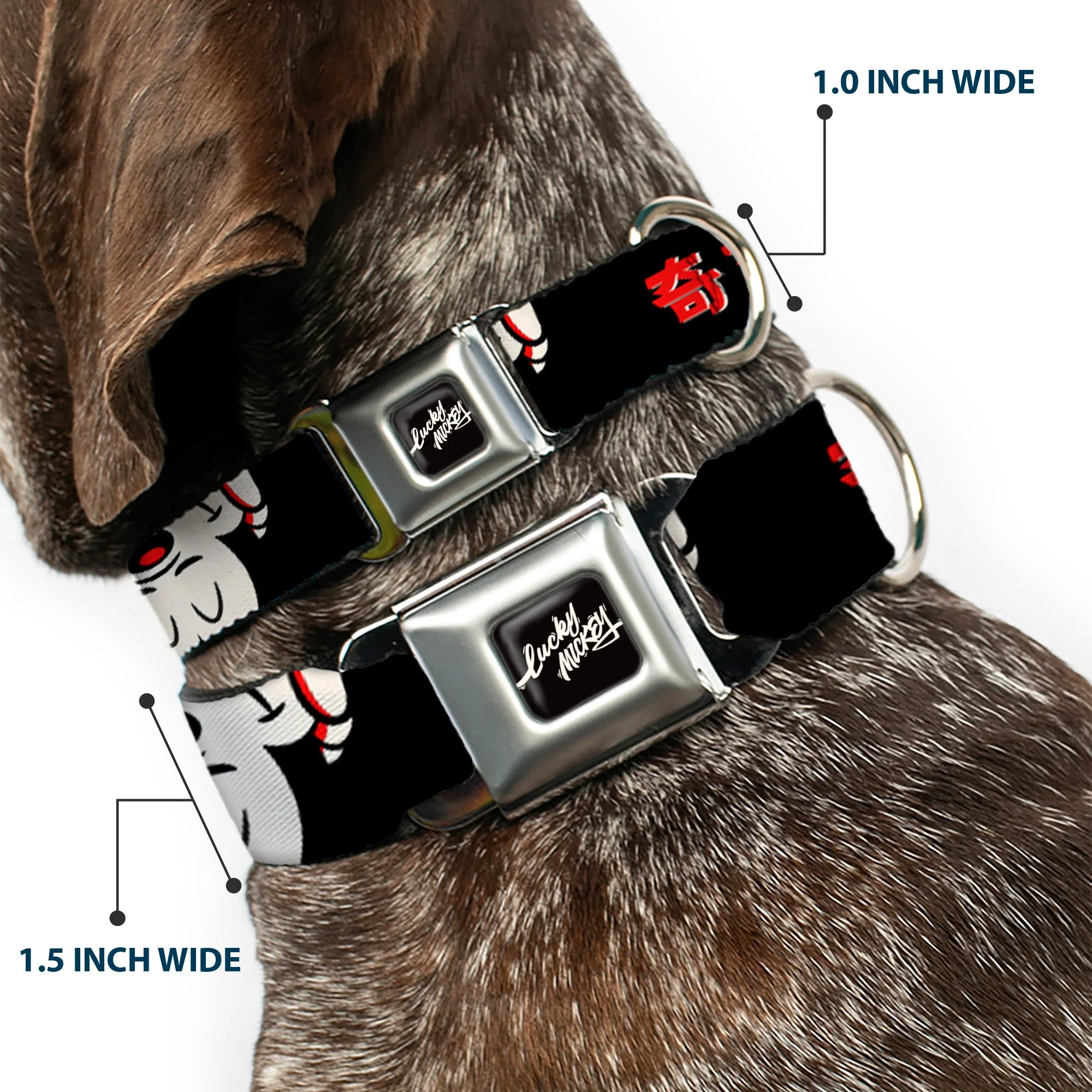 Mickey Mouse LUCKY MICKEY Script Full Color Black/White Seatbelt Buckle Collar - Mickey Mouse Smelling Pose Black/White/Reds - Image 2