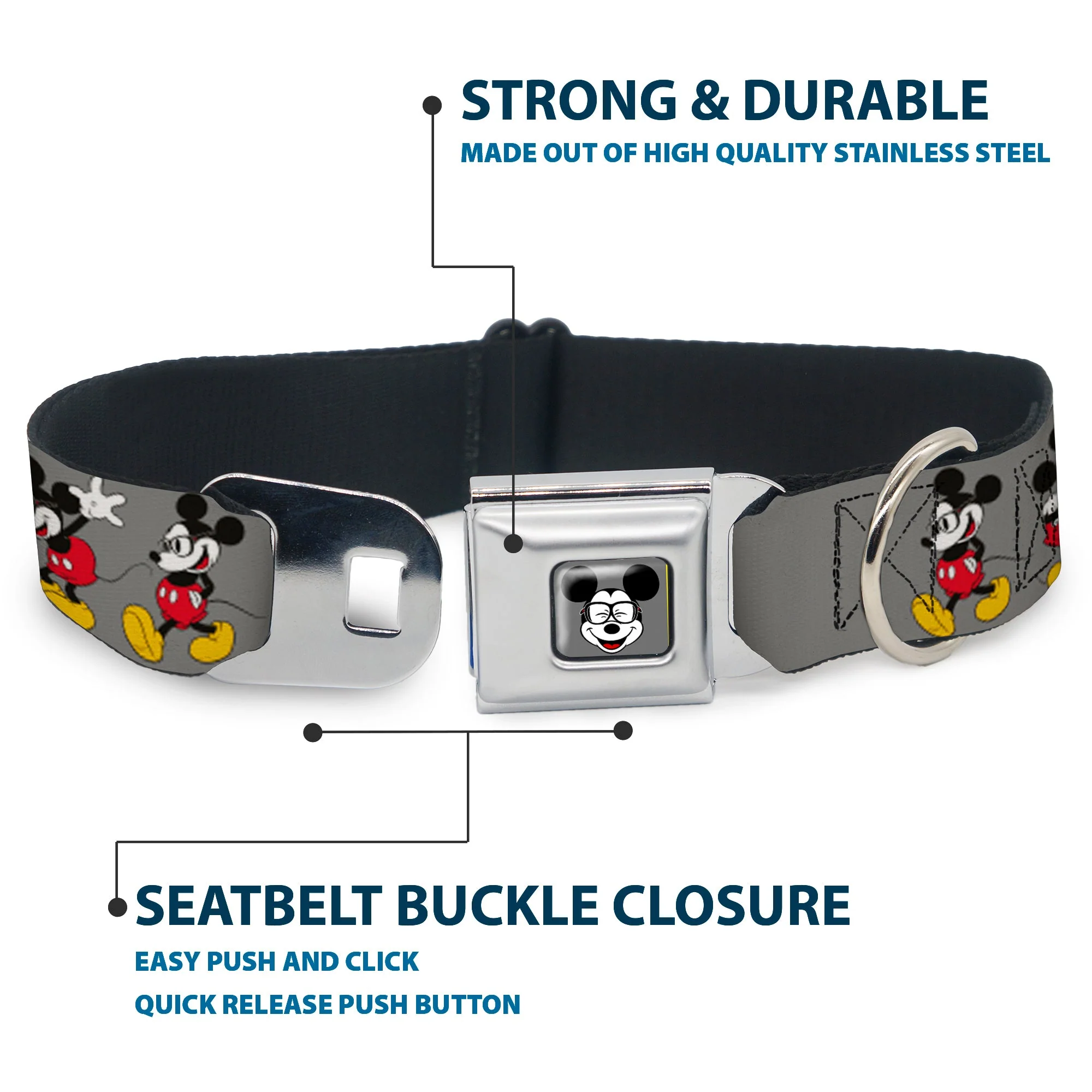 Mickey Mouse w Glasses Full Color Gray Seatbelt Buckle Collar - Mickey Mouse w/Glasses Poses Gray - Image 4