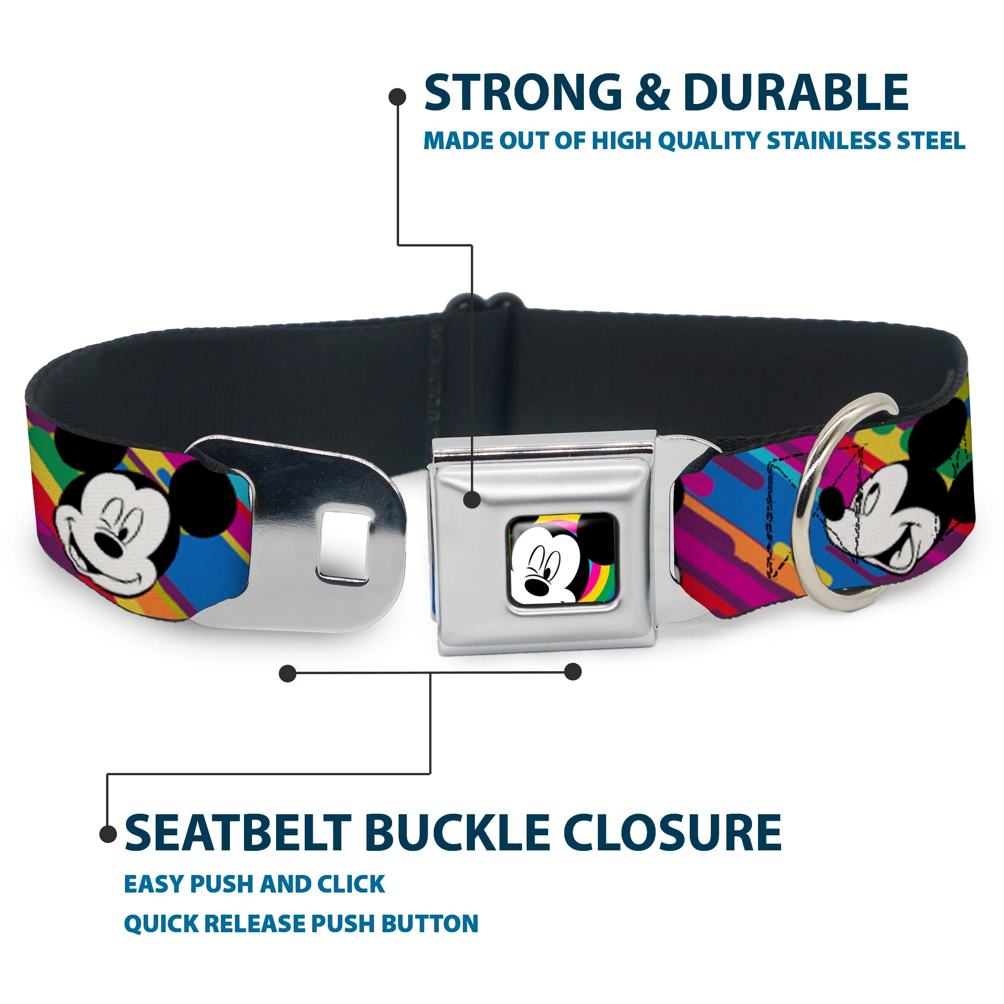 Mickey Mouse Winking CLOSE-UP Full Color Multi Color Black White Seatbelt Buckle Collar - Mickey Mouse Expressions Multi Color White/Black - Image 4